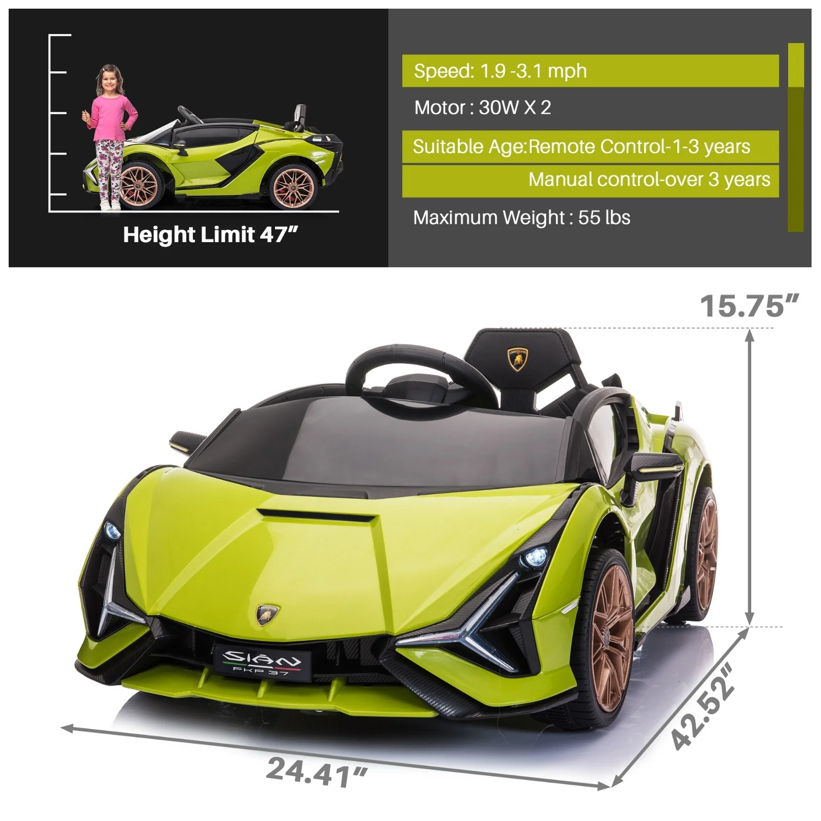 12V Kids Electric Ride-On Car Licensed Lamborghini Sian with Remote Control and MP3 Player - Image 4
