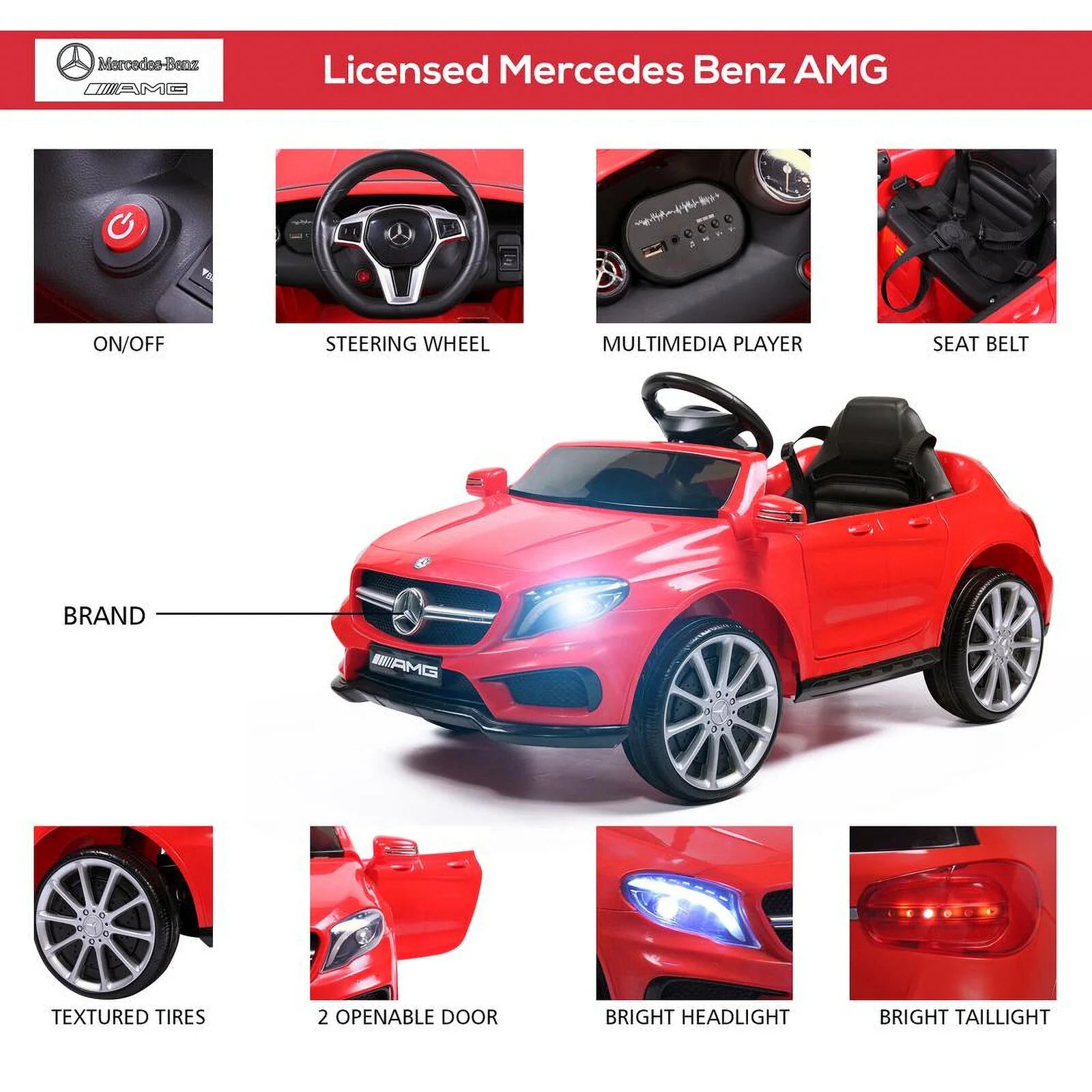 TOBBI 6V Kids Electric Ride-On Mercedes Benz Car in Red - Image 6