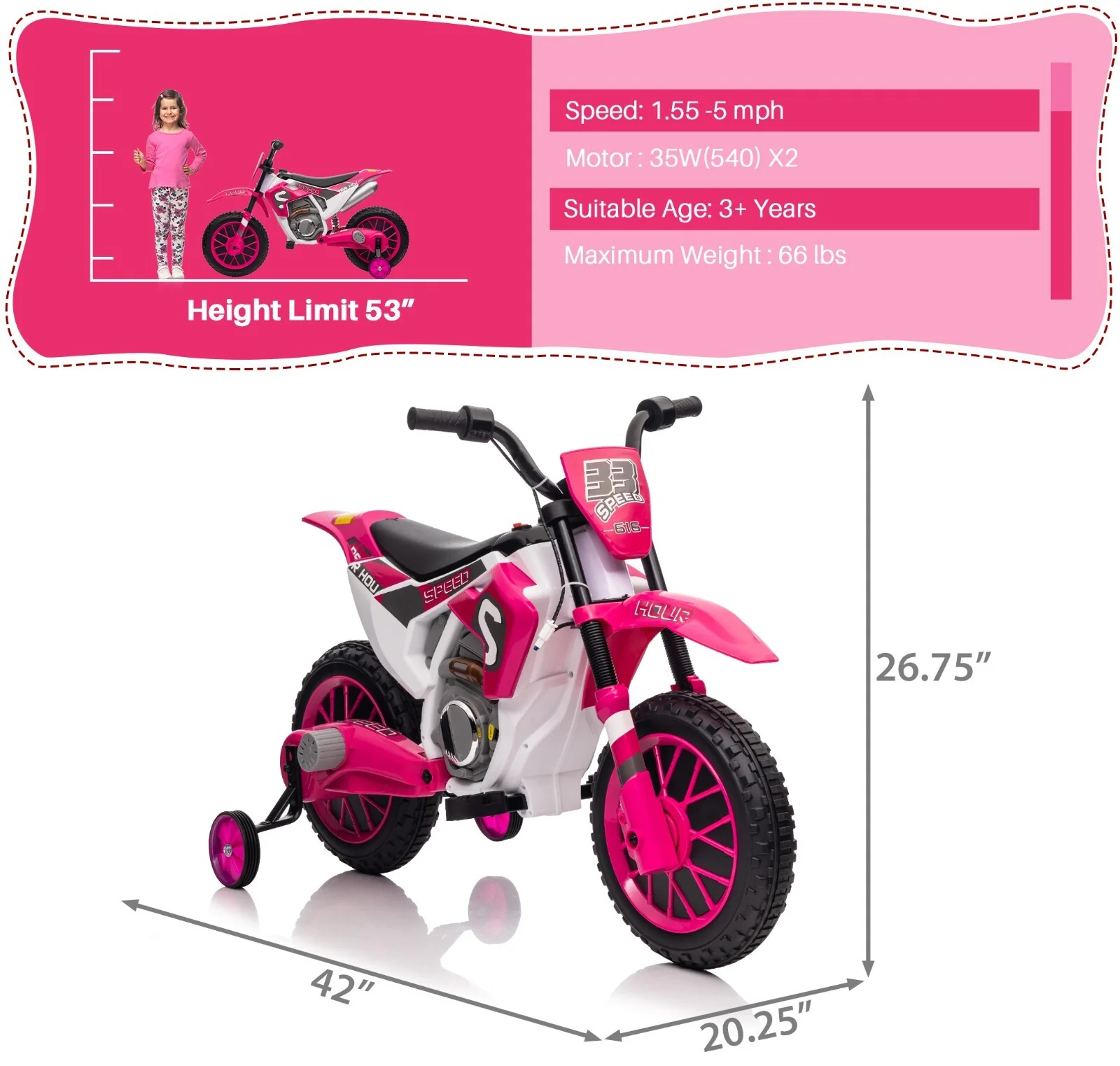 Electric 12V Kids Ride-On Dirt Bike Motorcycle with Training Wheels and 2 Speeds - Image 5