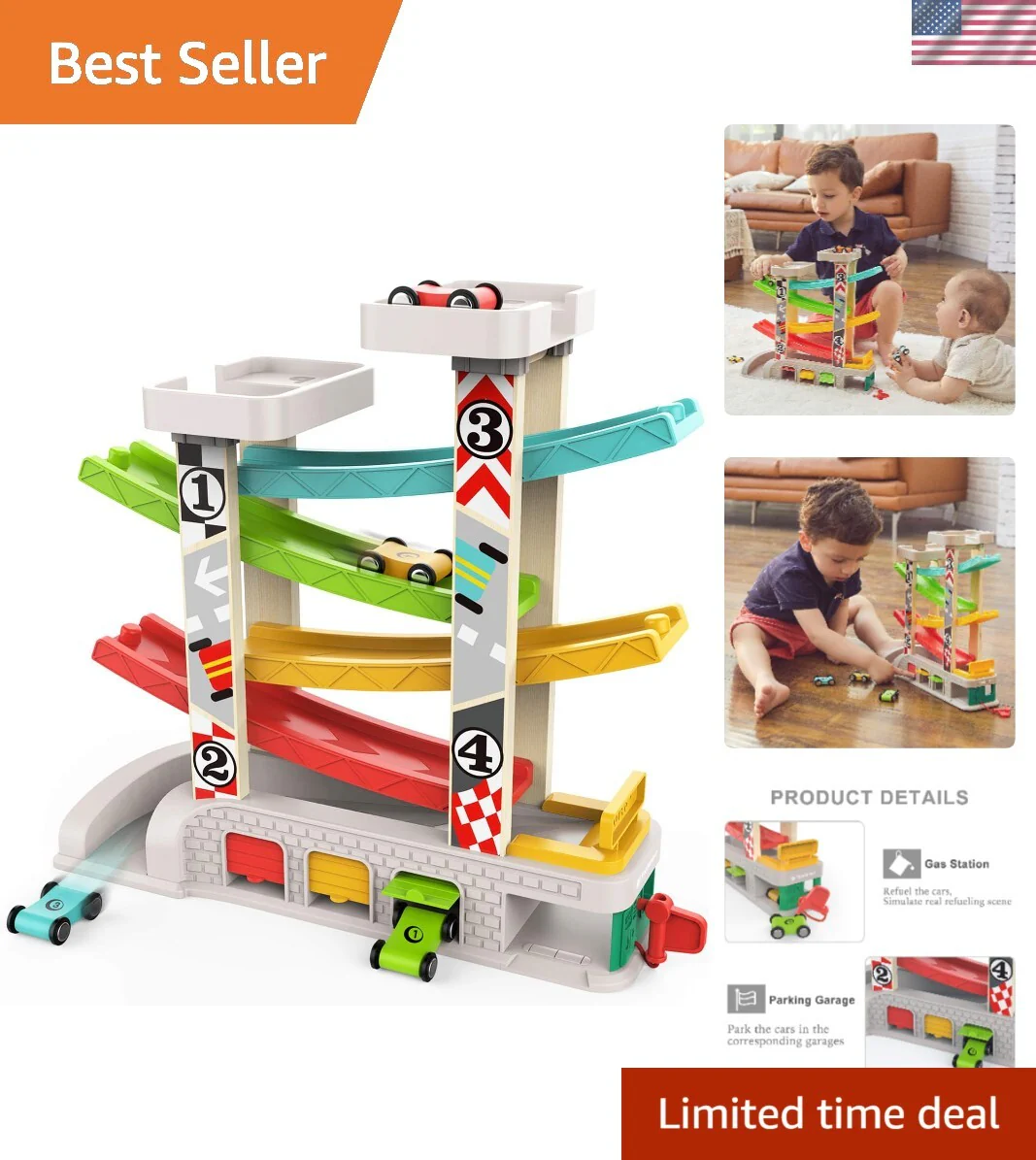 Toddler Race Track Toy with 4 Wooden Cars Montessori Learning Playset