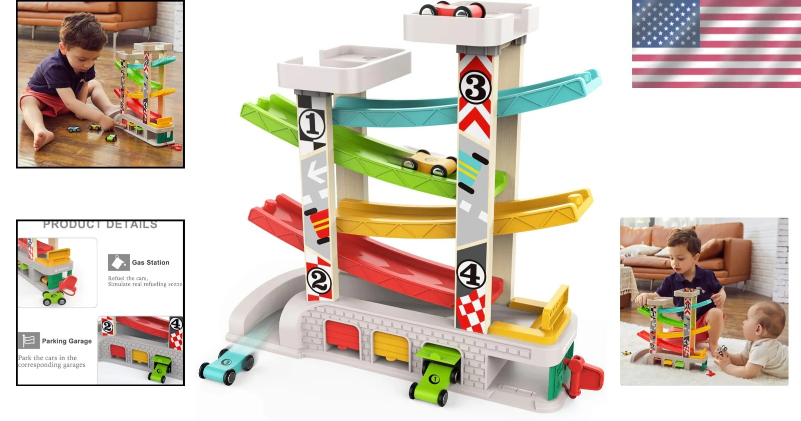 Toddler Race Track Toy with 4 Wooden Cars Montessori Learning Playset - Image 2