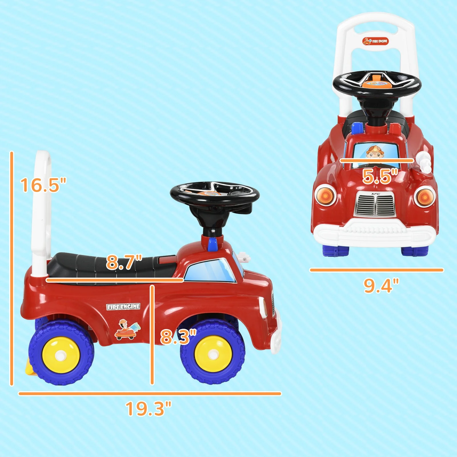 Toddler Ride-On Fire Truck with Music, Horn, and Under-Seat Storage in Red - Image 3