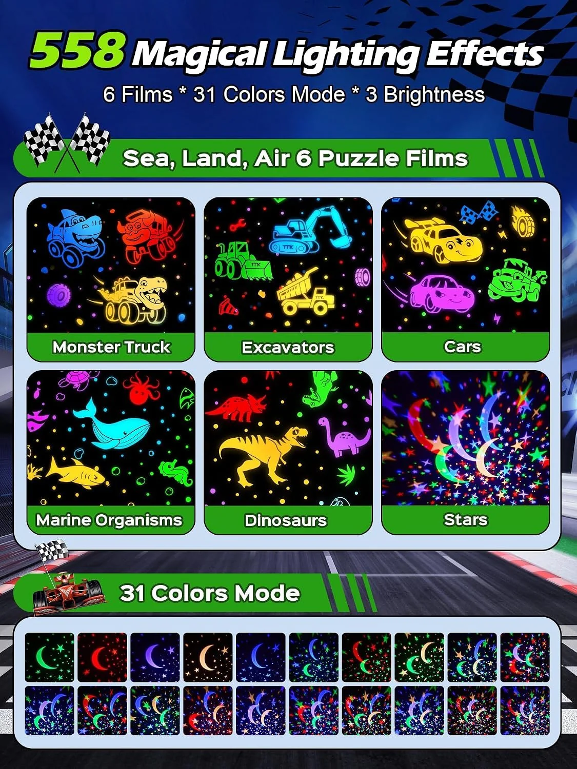 Colorful Cars Projector for Toddlers | 6 Films, 15 Sounds, 31 Colors - Image 11