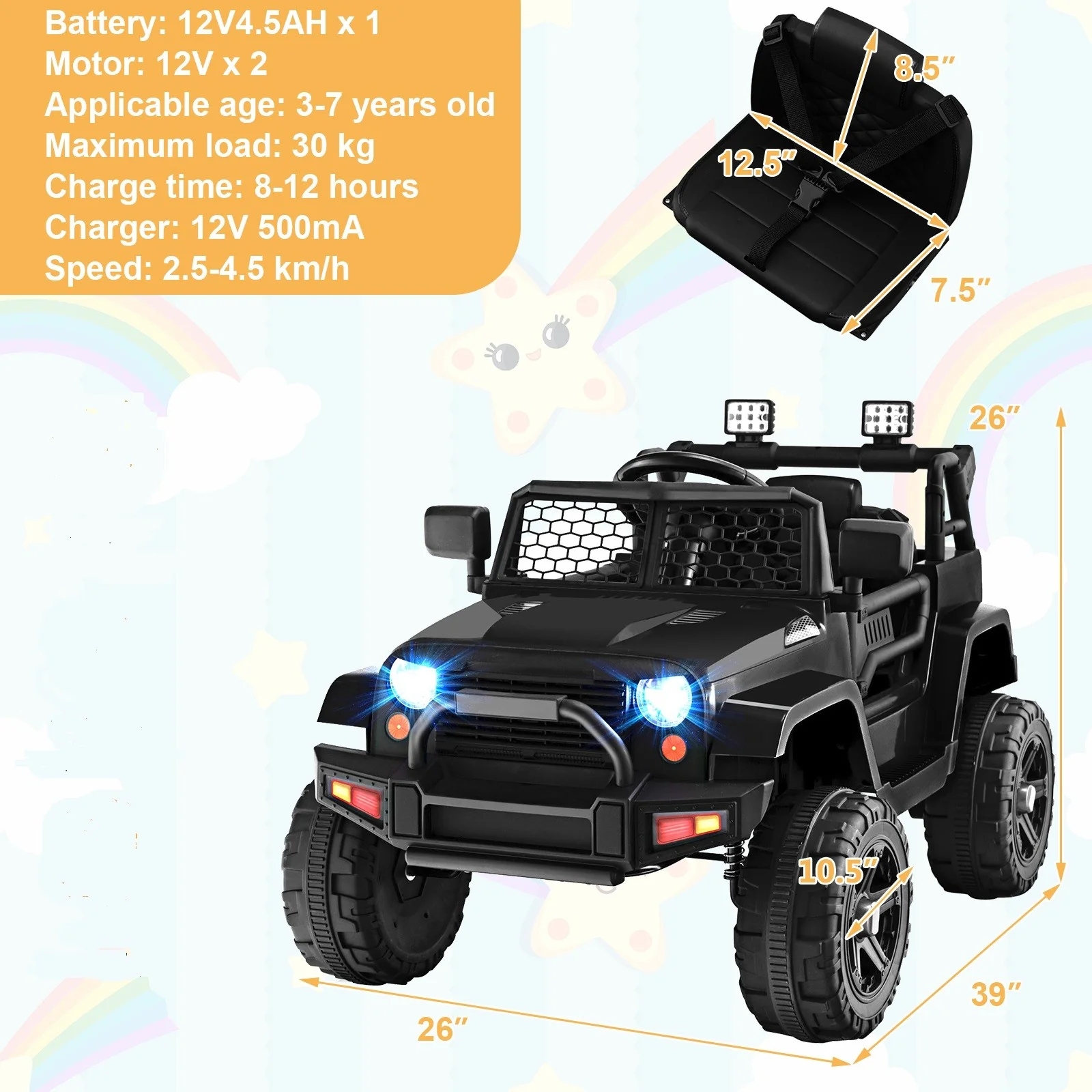 12V Kids Electric Ride-On Car with Parental Remote Control, Music, and Horn - Image 9
