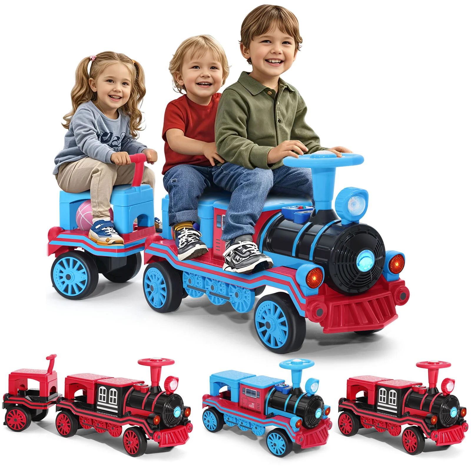 12V Two-Seater Electric Ride-On Train for Kids with Music and Lights, Red/Blue - Image 13