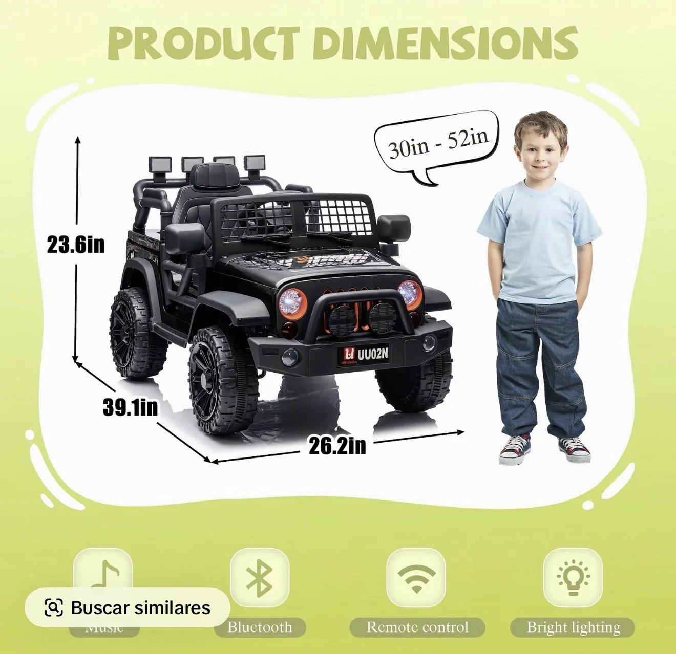 uRideOn Black Kids Electric Ride-On Jeep with Remote Control and Bluetooth Lights - Image 2