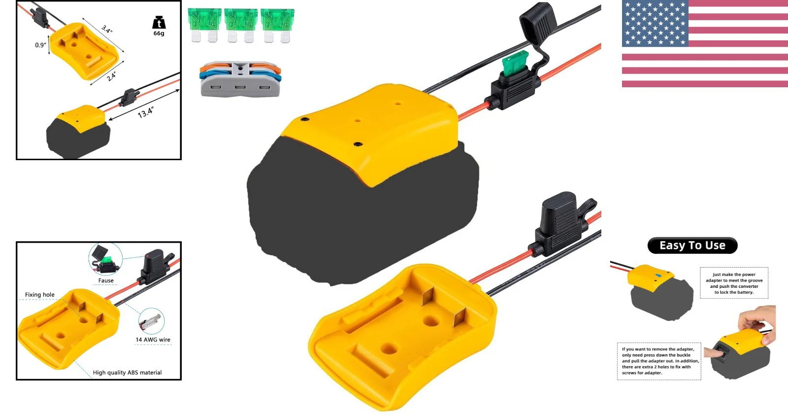 Power Wheel Adapter for Dewalt Batteries with 12.5" Wire and Fuse - Image 2