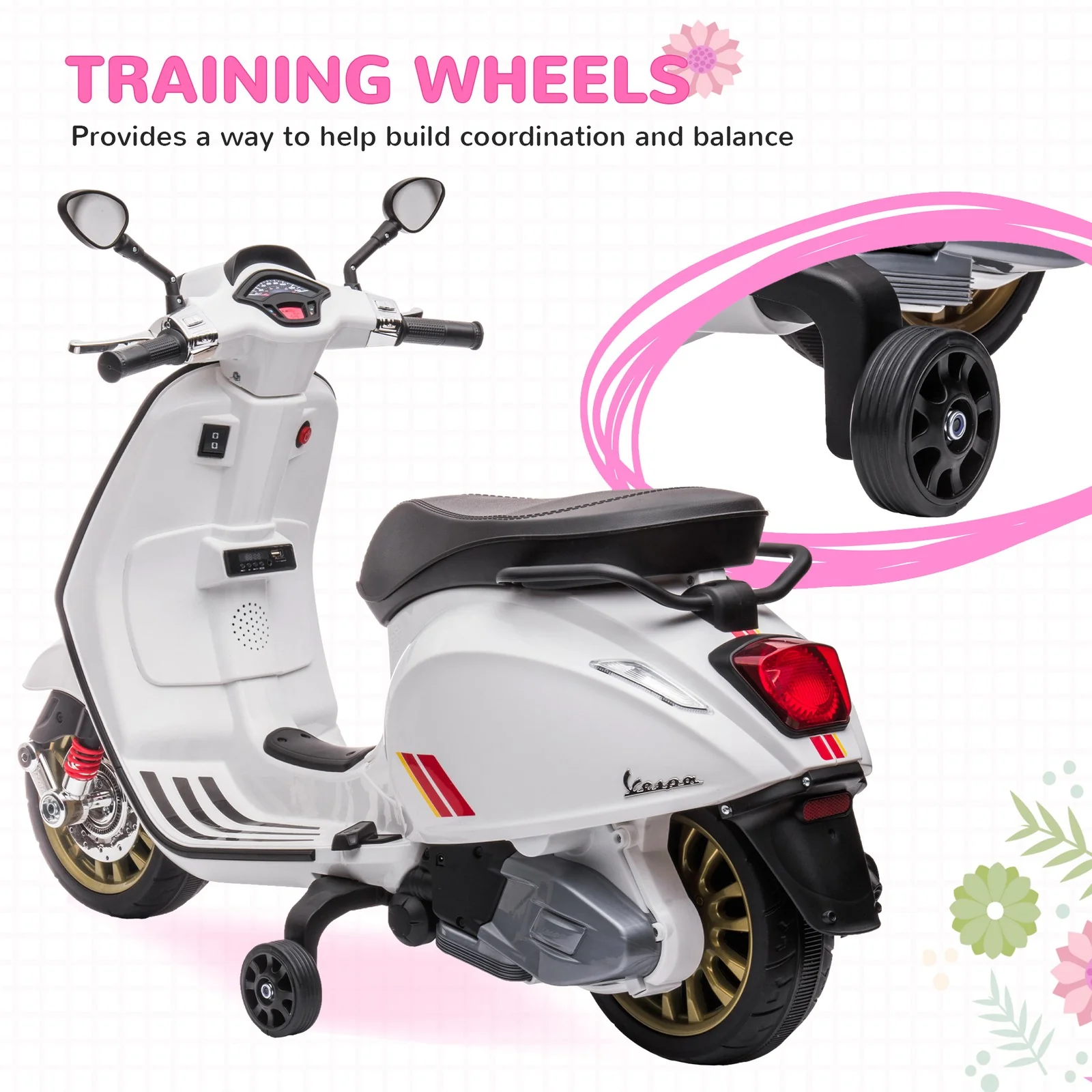Licensed Vespa Electric Motorcycle for Kids with Music and FM Radio - Image 7
