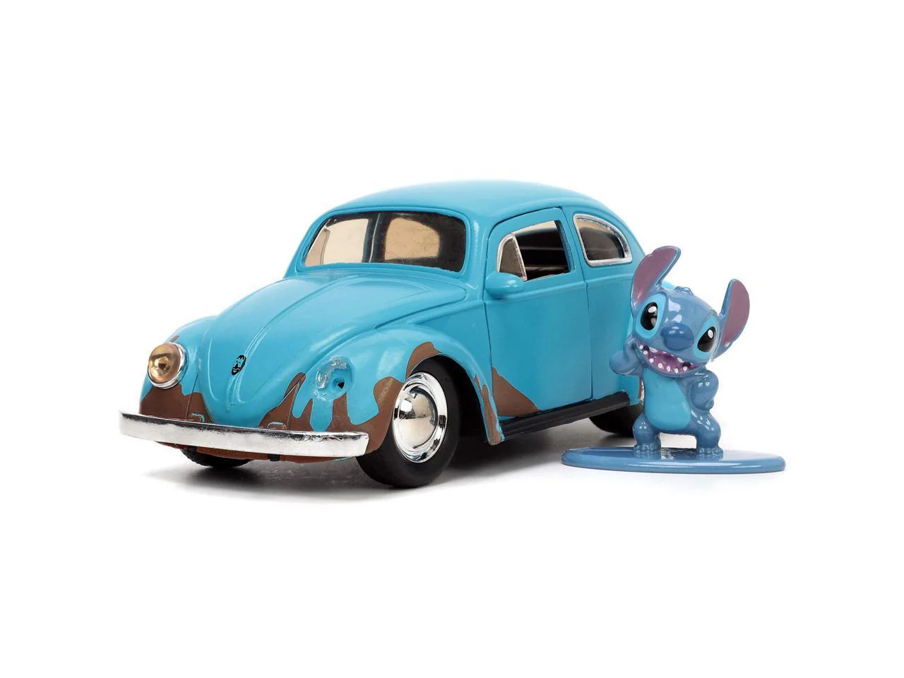 Matt Blue Weathered Volkswagen Beetle Diecast Car with Stitch Figure Littleo and Stit - Image 3