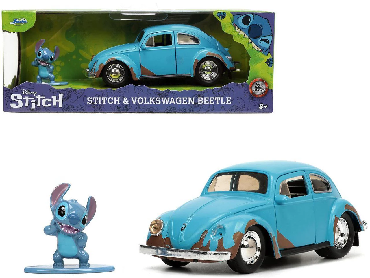 Matt Blue Weathered Volkswagen Beetle Diecast Car with Stitch Figure Littleo and Stit - Image 6