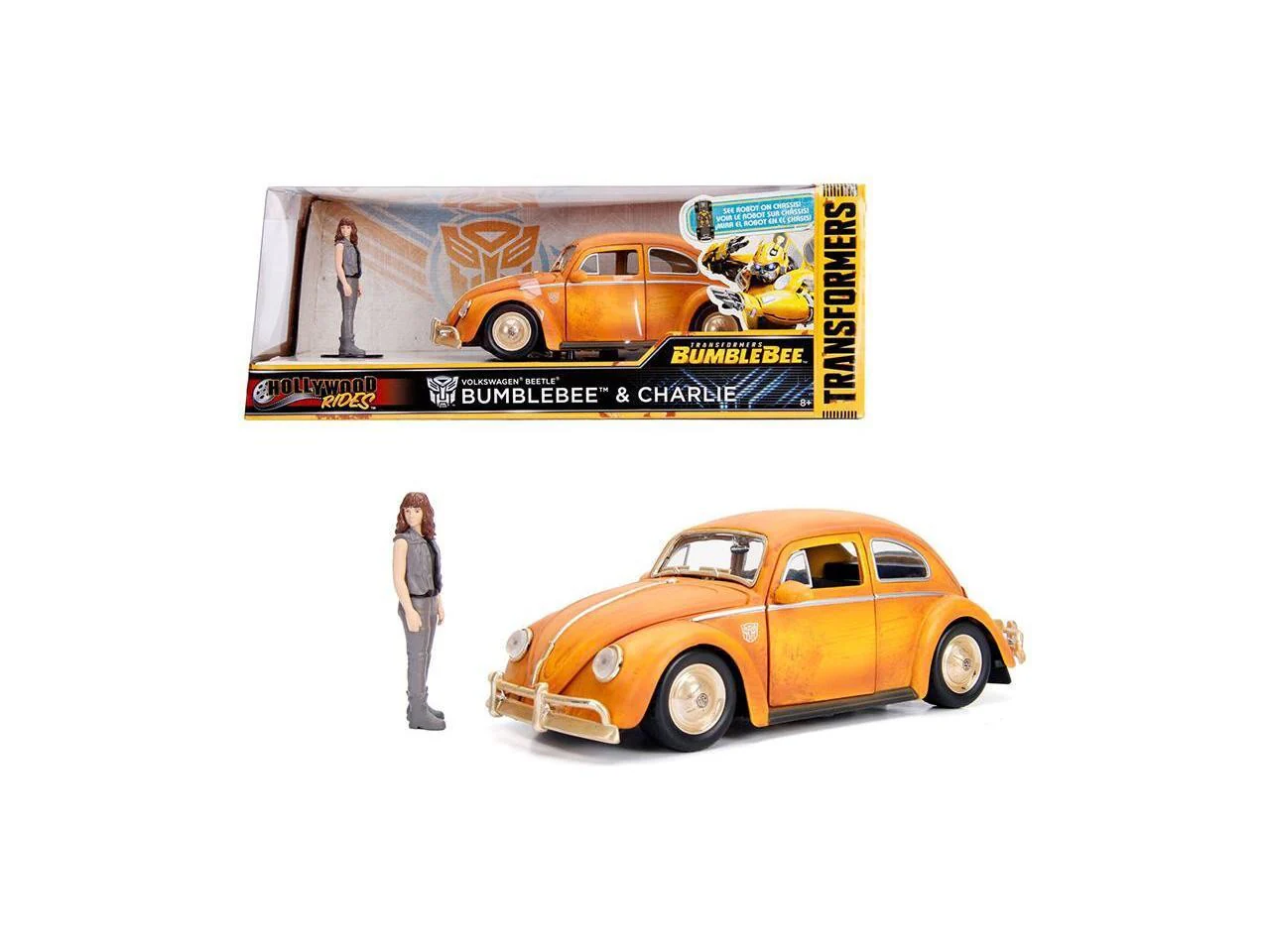 Weathered Yellow VW Beetle Diecast with Robot on Chassis and Charlie Figurine "Bumble" - Image 2