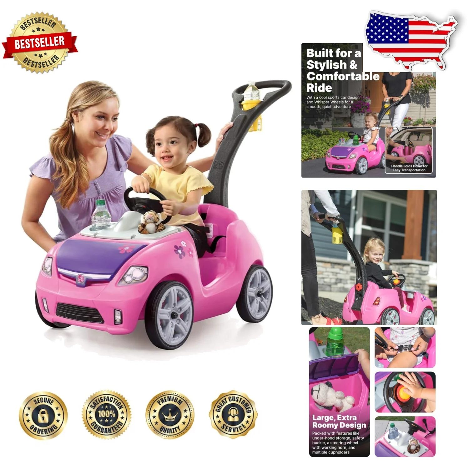 Whisper Ride II Pink Push Toy Car with Adjustable Seat Belt and Cup Holders - Image 10