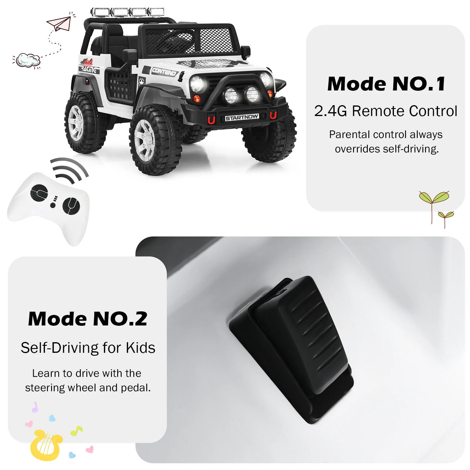 White 12V Electric Ride-On Truck for Kids with Remote Control and Lights - Image 9
