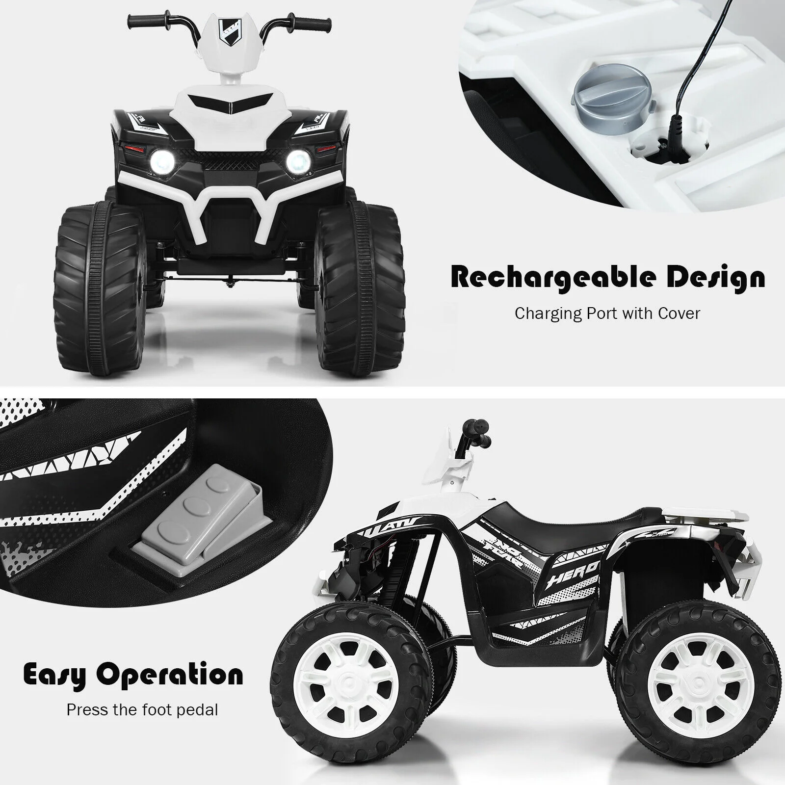 White 12V Kids ATV Quad Ride On Car with LED Light and Music Toy - Image 12