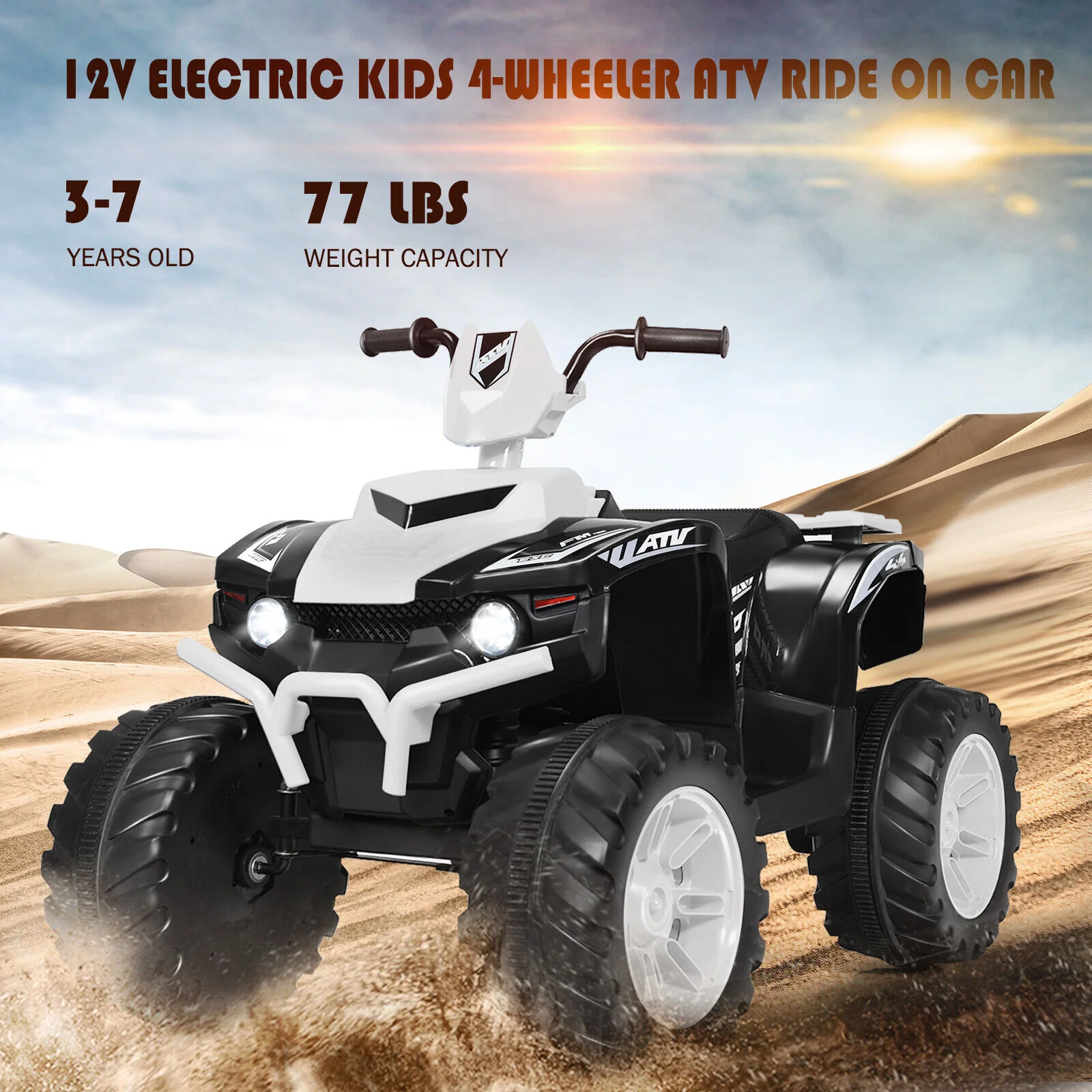 White 12V Kids ATV Quad Ride On Car with LED Light and Music Toy - Image 6