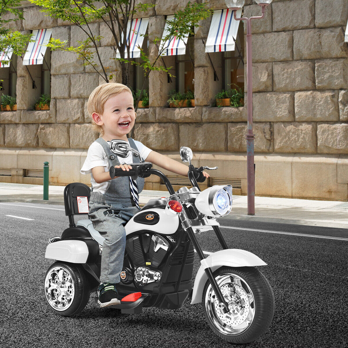 White 3-Wheel Chopper Motorcycle for Kids with Headlight and Horn - Image 3