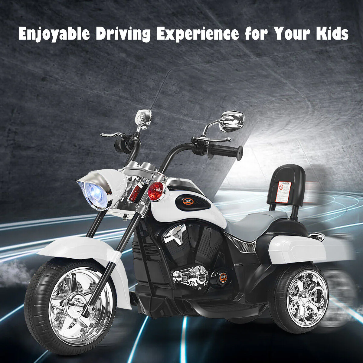 White 3-Wheel Chopper Motorcycle for Kids with Headlight and Horn - Image 4