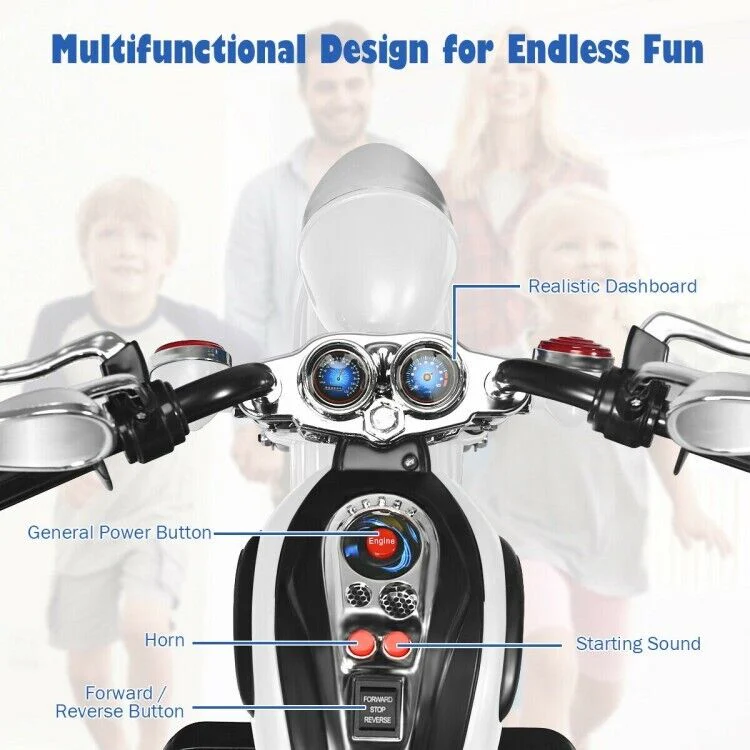 White 3-Wheel Chopper Motorcycle Toy for Kids with Headlight & Horn - Image 11