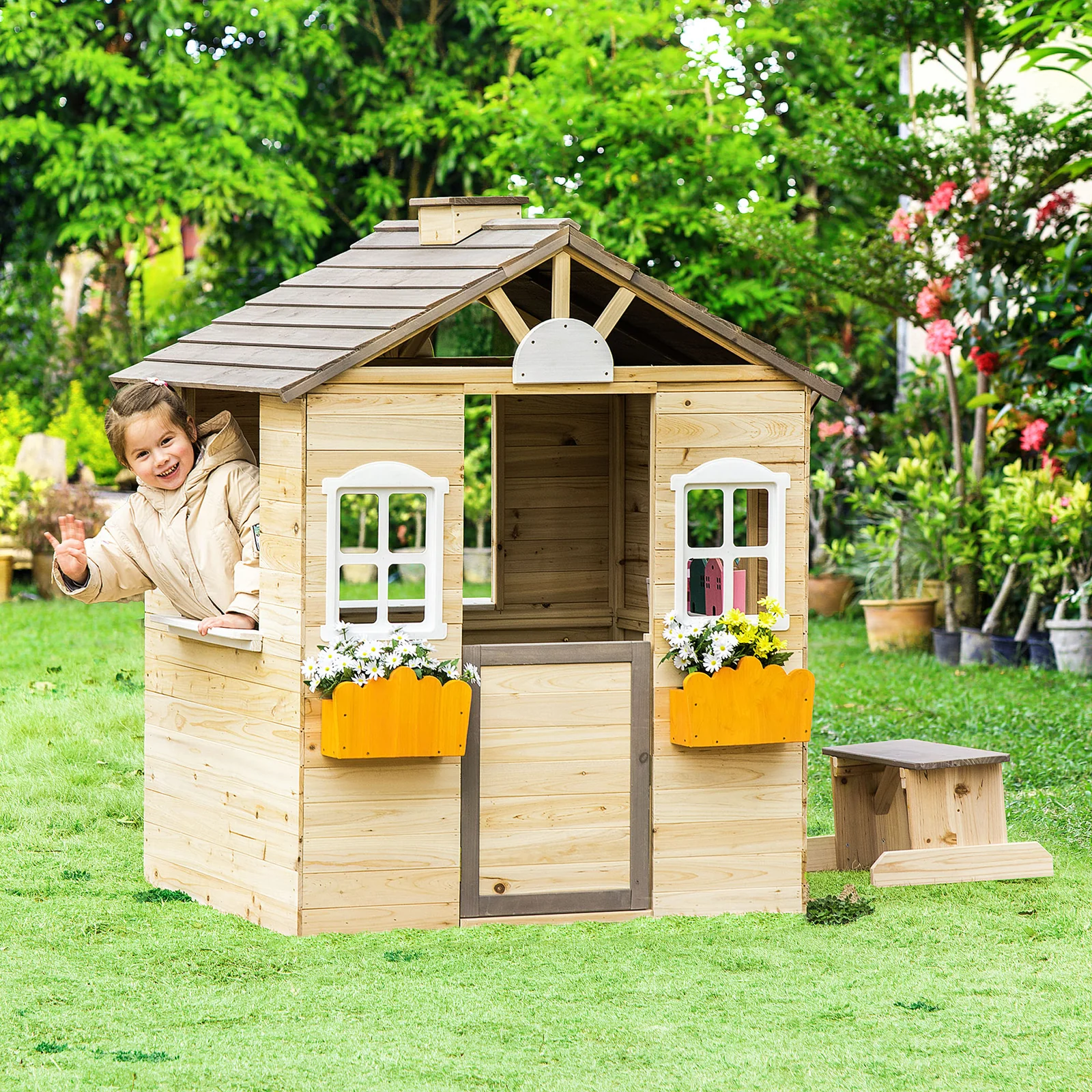 Wooden Outdoor Playhouse for Kids Garden Pretend Play and Adventure Games - Image 2