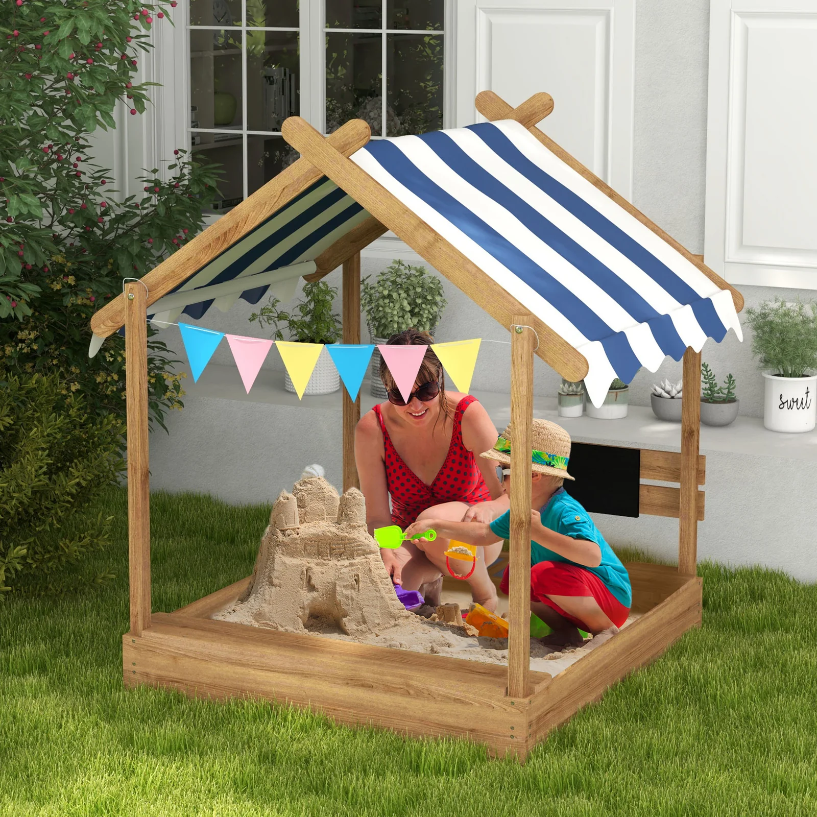 Wooden Sandbox with Canopy and Playhouse Design for Ages 3-7 Years Brown - Image 2