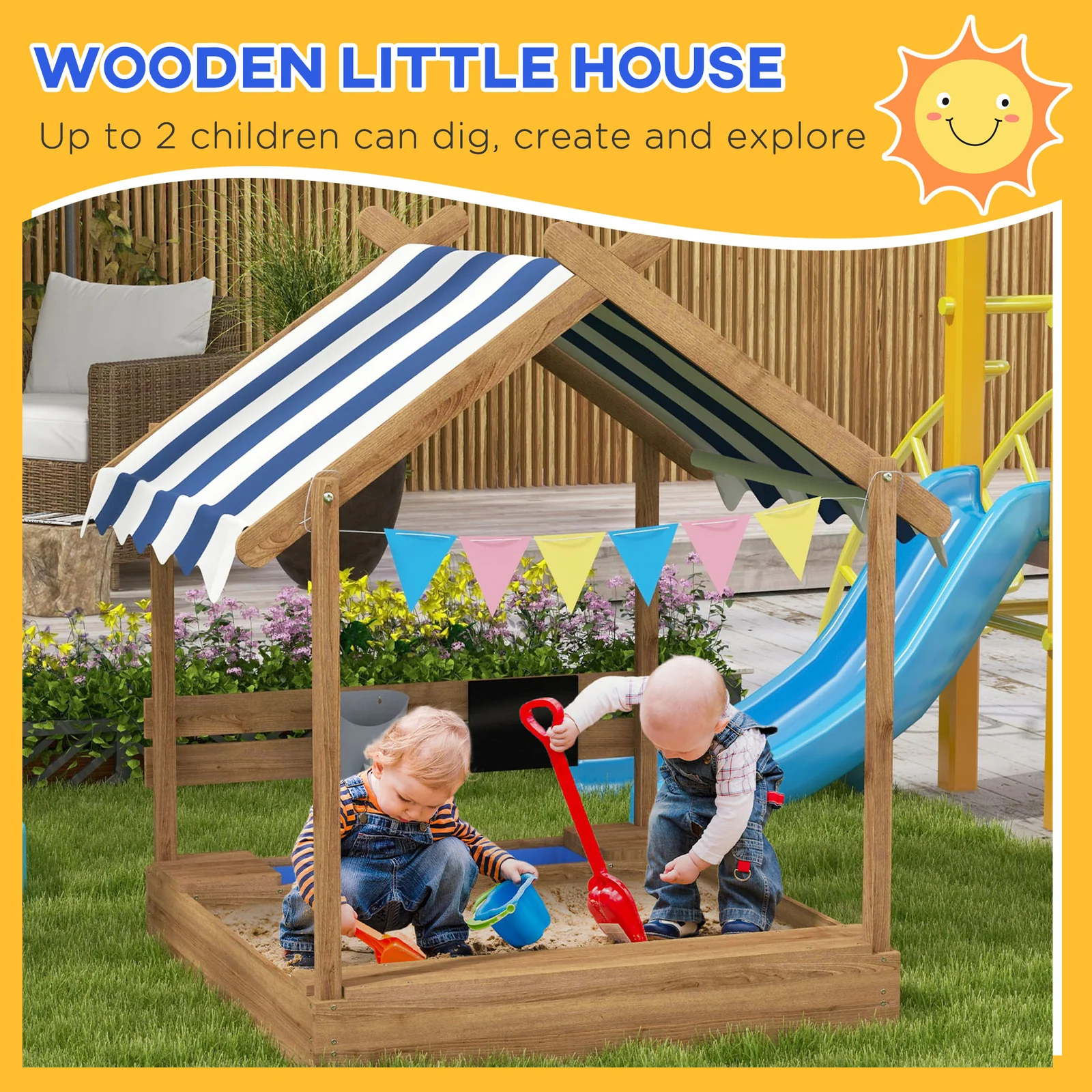 Wooden Sandbox with Canopy and Playhouse Design for Ages 3-7 Years Brown - Image 4