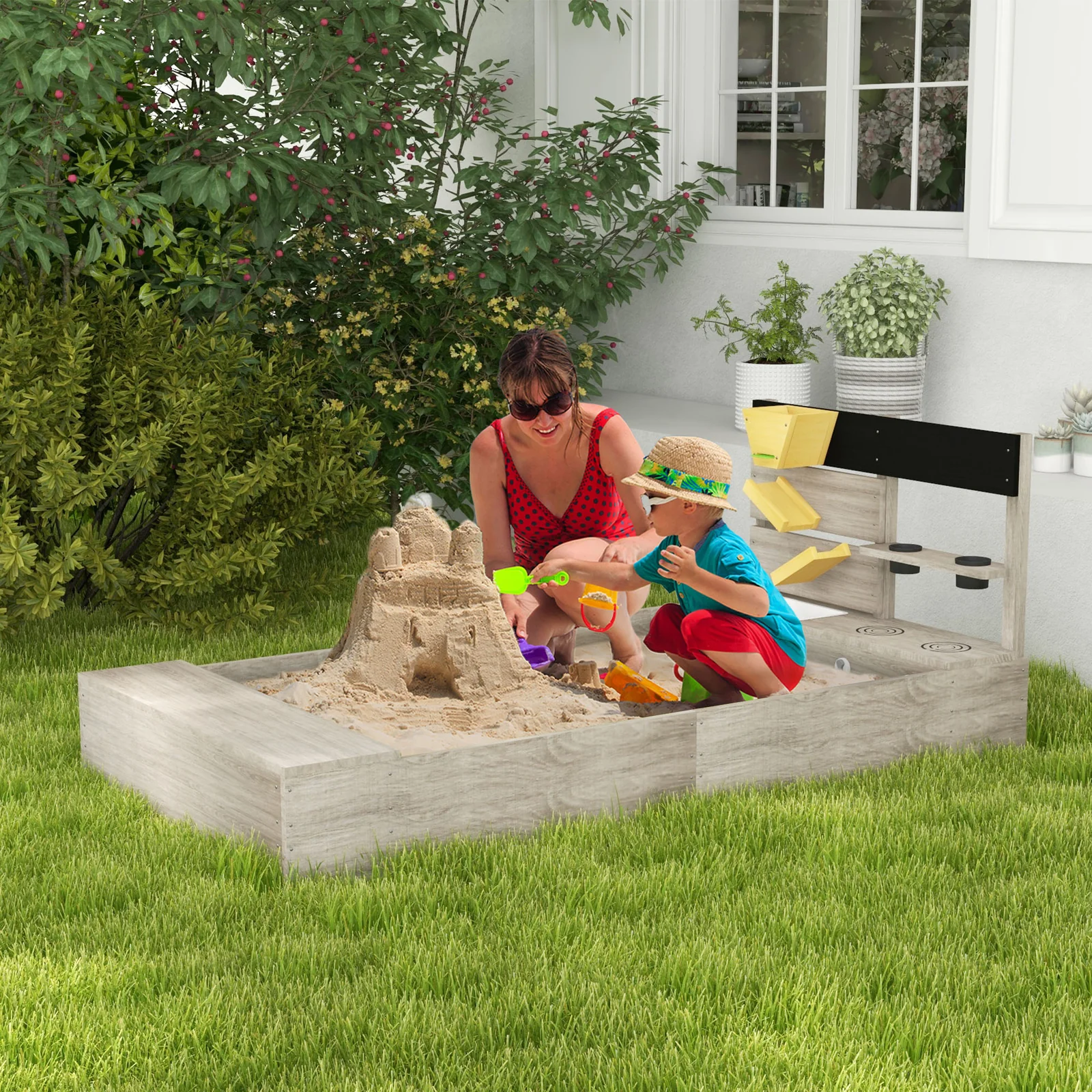 Wooden Sandbox with Liner and Kitchen Sink Design for Ages 3-7 Years Gray - Image 2