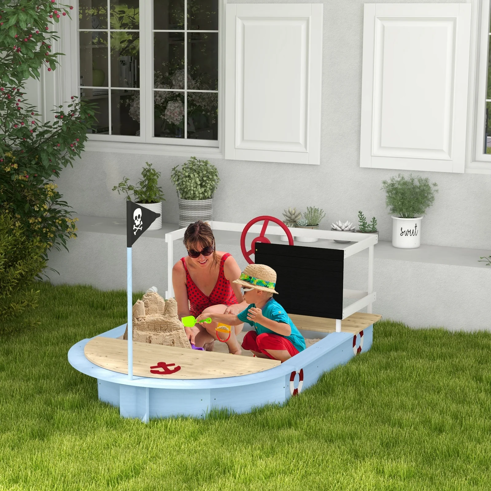 Wooden Sandbox with Pirate Ship Design for Ages 3-7, Blue - Image 2