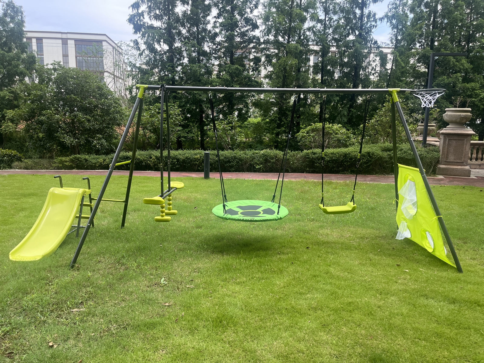 Six-Function Green and Blue Metal and Plastic Swingset with Net Swing - Image 2