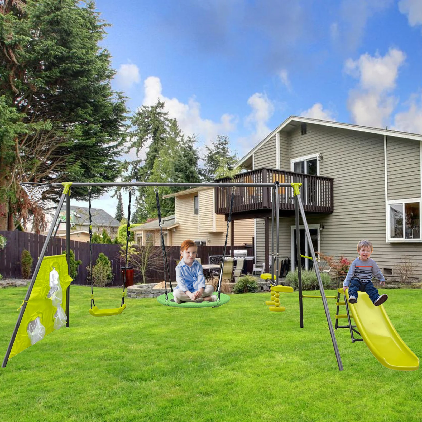 Six-Function Green and Blue Metal and Plastic Swingset with Net Swing - Image 9