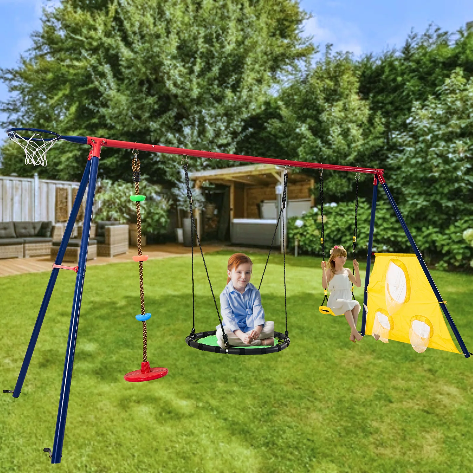 5-in-1 Rainbow Color Swingset with Textilene Swing and Tree Design - Image 14