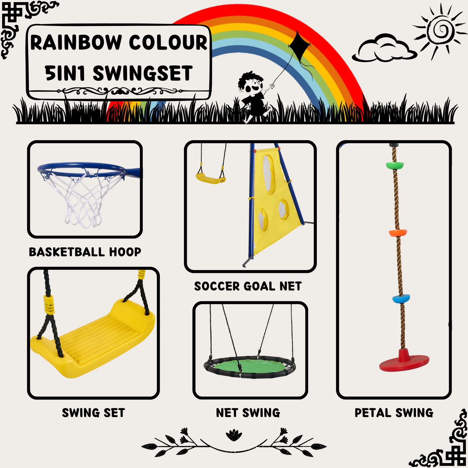 5-in-1 Rainbow Color Swingset with Textilene Swing and Tree Design - Image 3