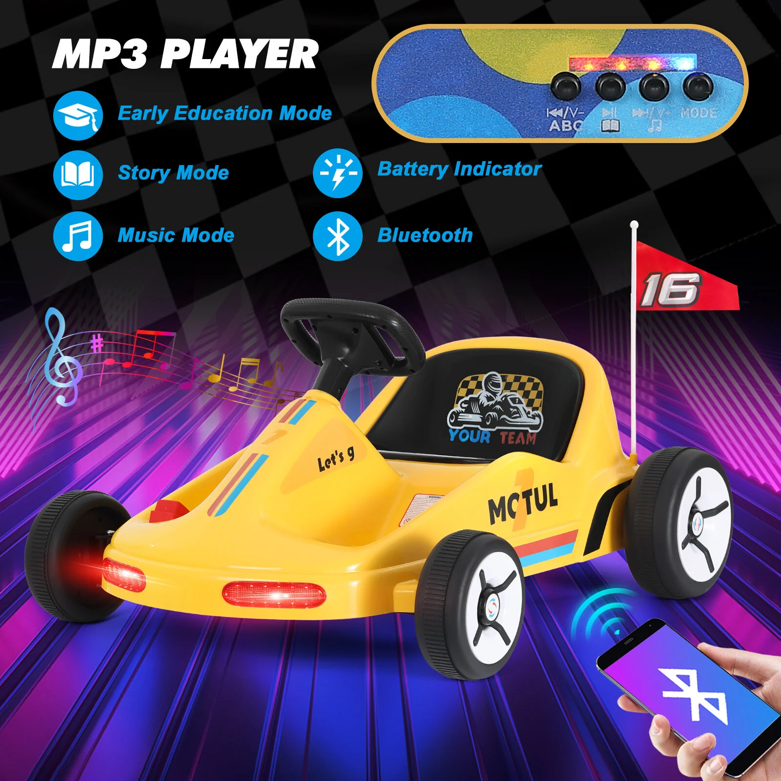 Yellow 12V Battery-Powered Kids Electric Ride-On Go-Kart with 3 Speeds, Music, and Remote Control - Image 4