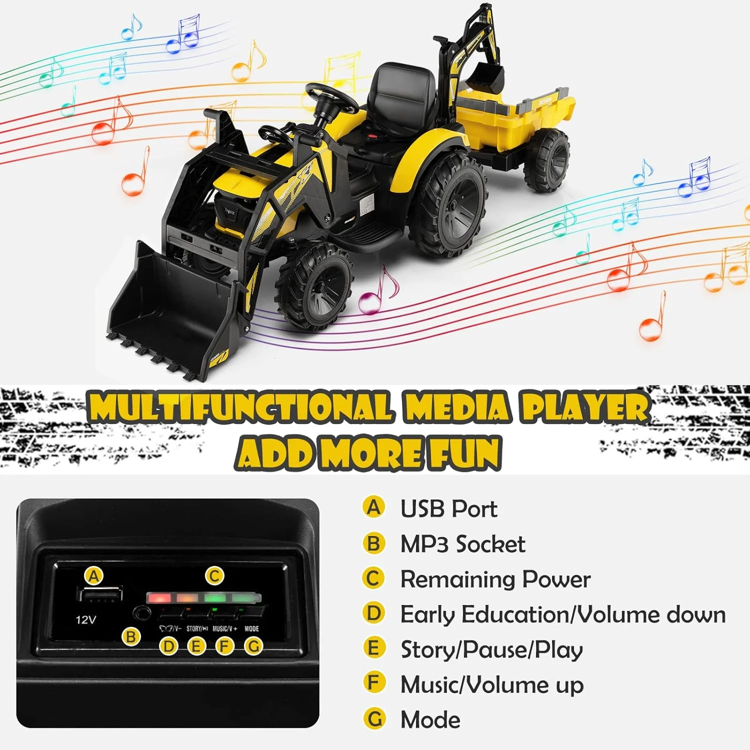 Yellow 12V Electric Ride-On Excavator Bulldozer Rubber Tires with Trailer for Kids - Remote Control Included - Image 15