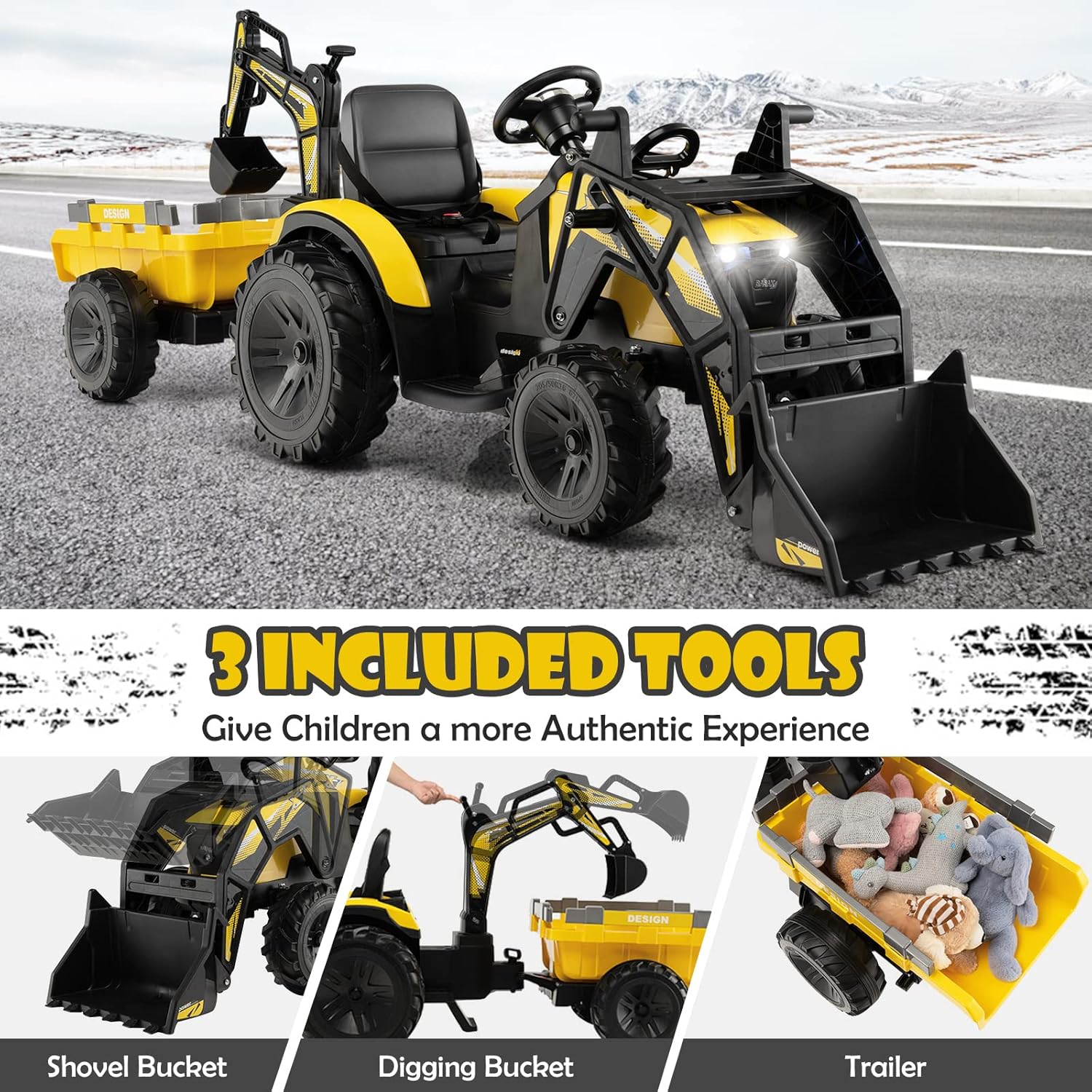 Yellow 12V Electric Ride-On Excavator Bulldozer Rubber Tires with Trailer for Kids - Remote Control Included - Image 16