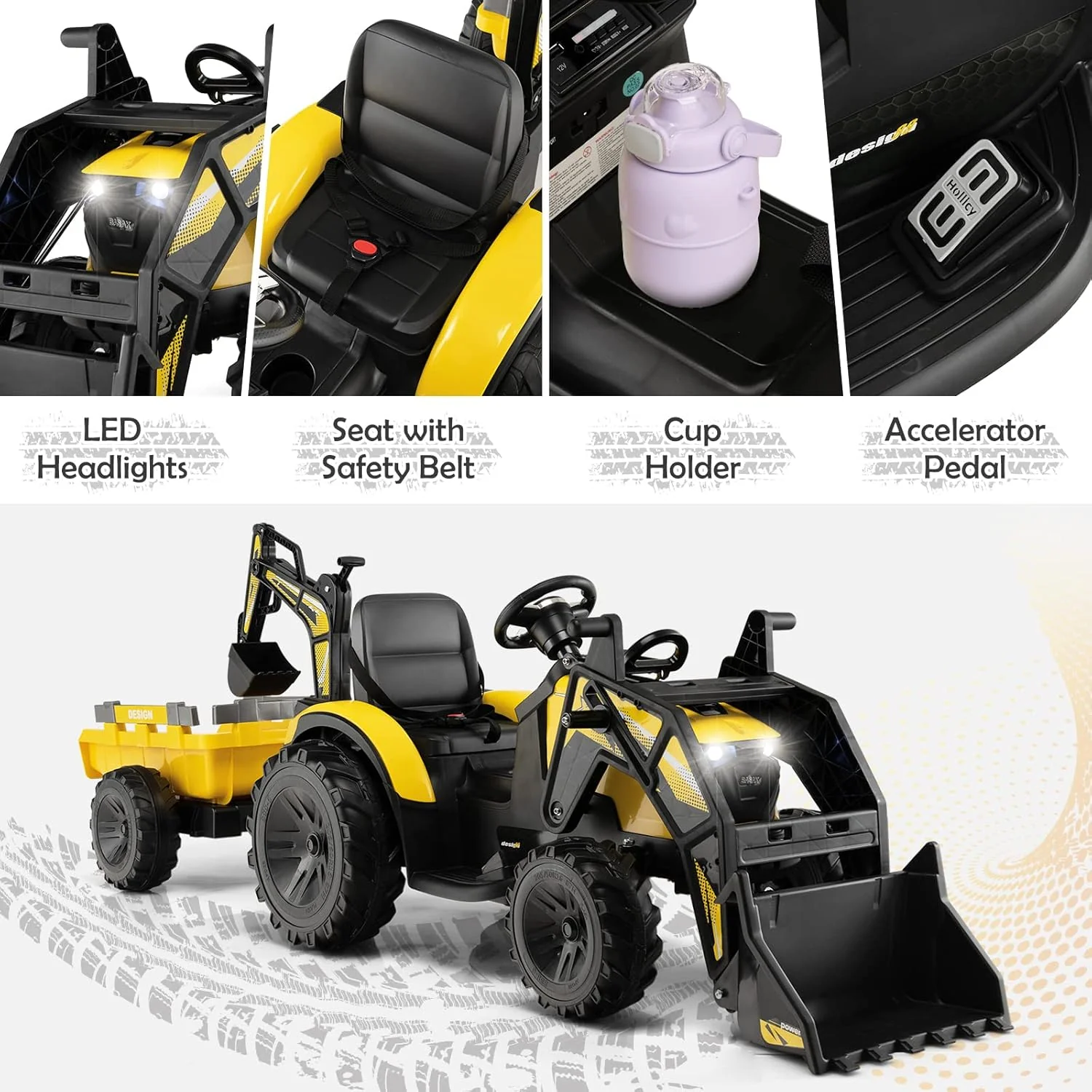 Yellow 12V Electric Ride-On Excavator Bulldozer Rubber Tires with Trailer for Kids - Remote Control Included - Image 17