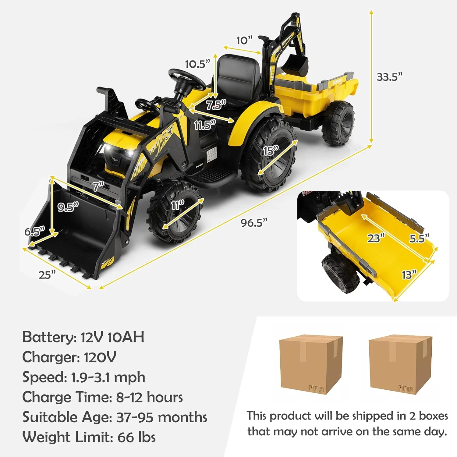 Yellow 12V Electric Ride-On Excavator Bulldozer Rubber Tires with Trailer for Kids - Remote Control Included - Image 18