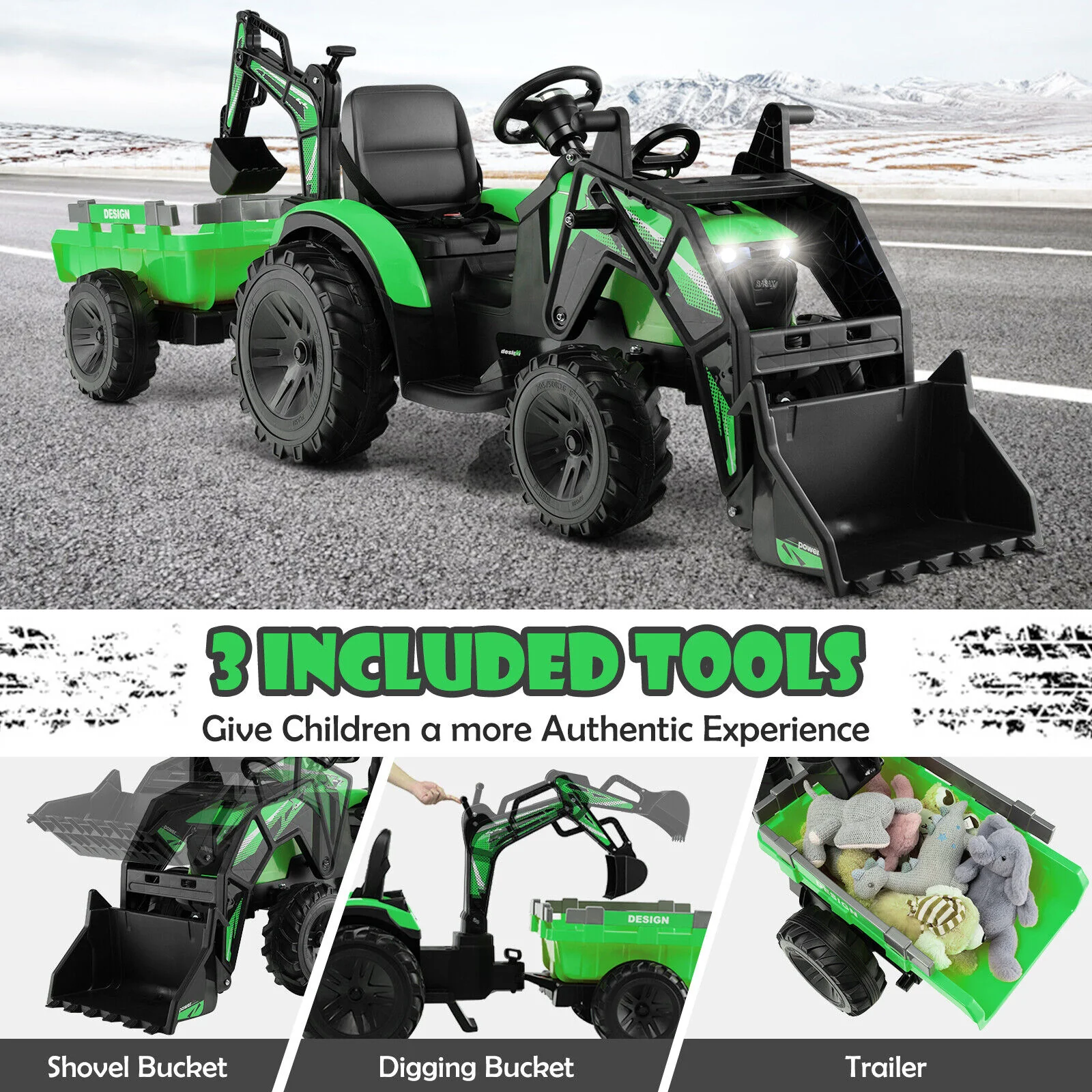 12V Electric Ride-On Excavator Bulldozer with Trailer for Kids - Remote Control Included - Image 6