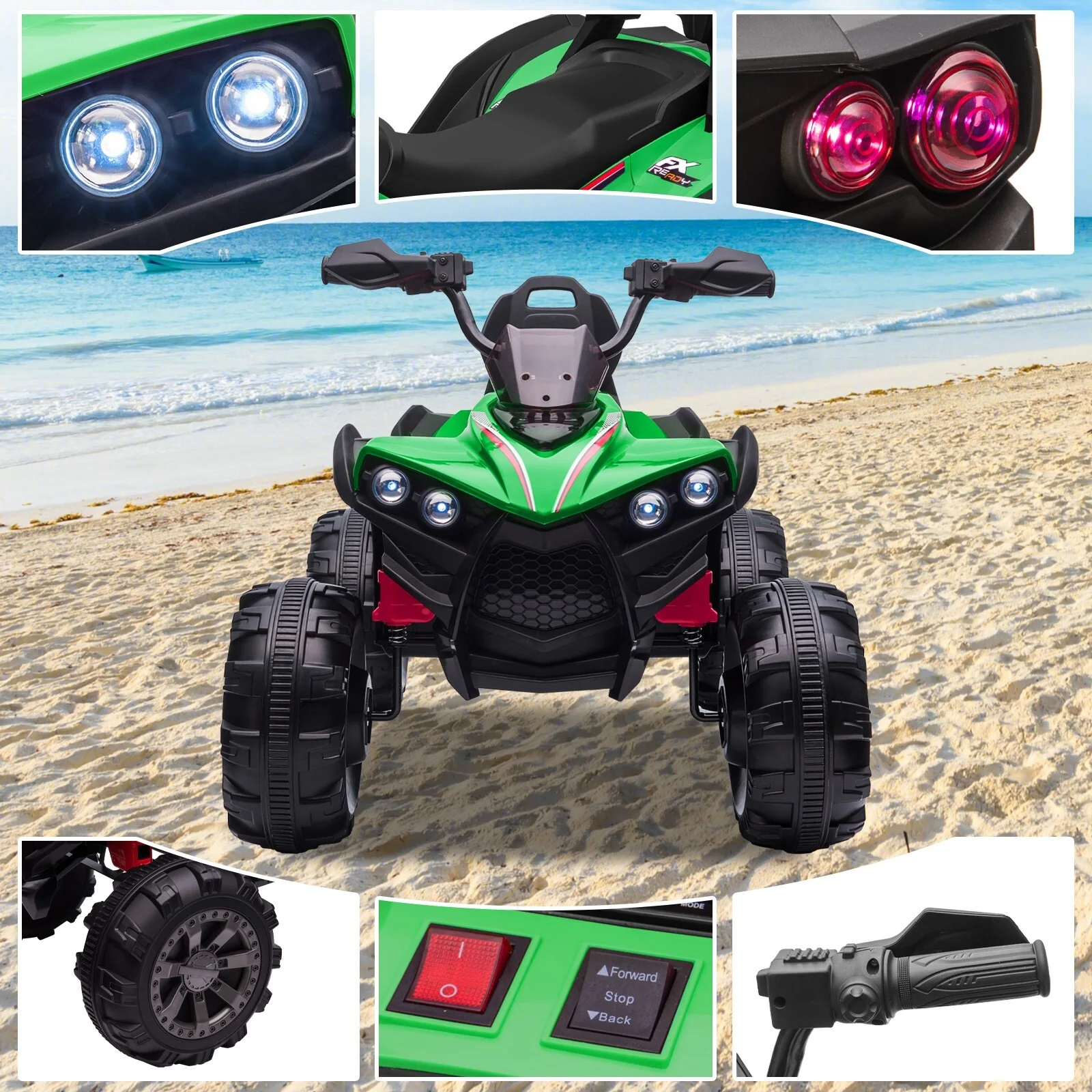 12V Kids Electric Ride-On Off-Road ATV Quad Car Toy with 2 Speeds and LED Lights Green - Image 10