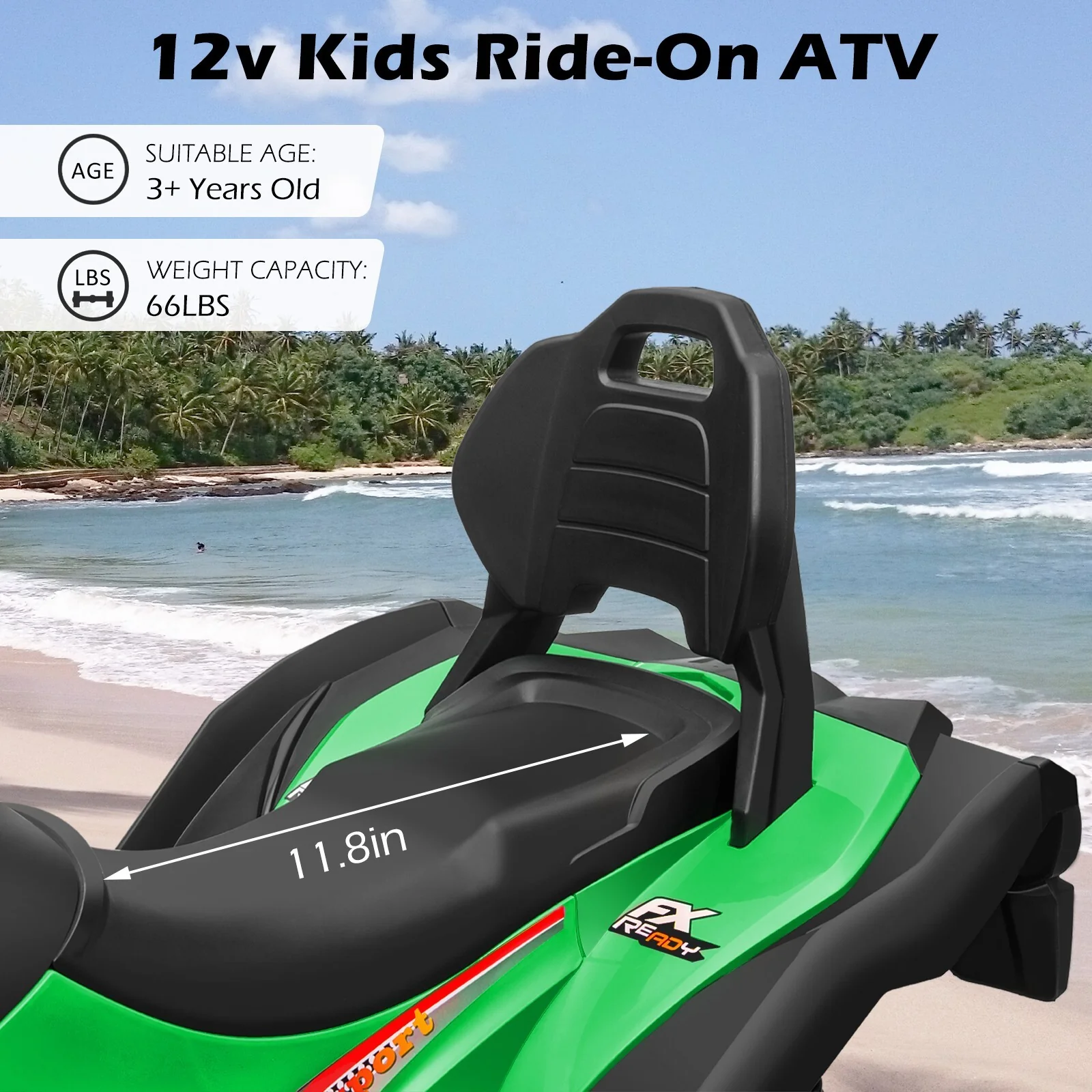 12V Kids Electric Ride-On Off-Road ATV Quad Car Toy with 2 Speeds and LED Lights Green - Image 2