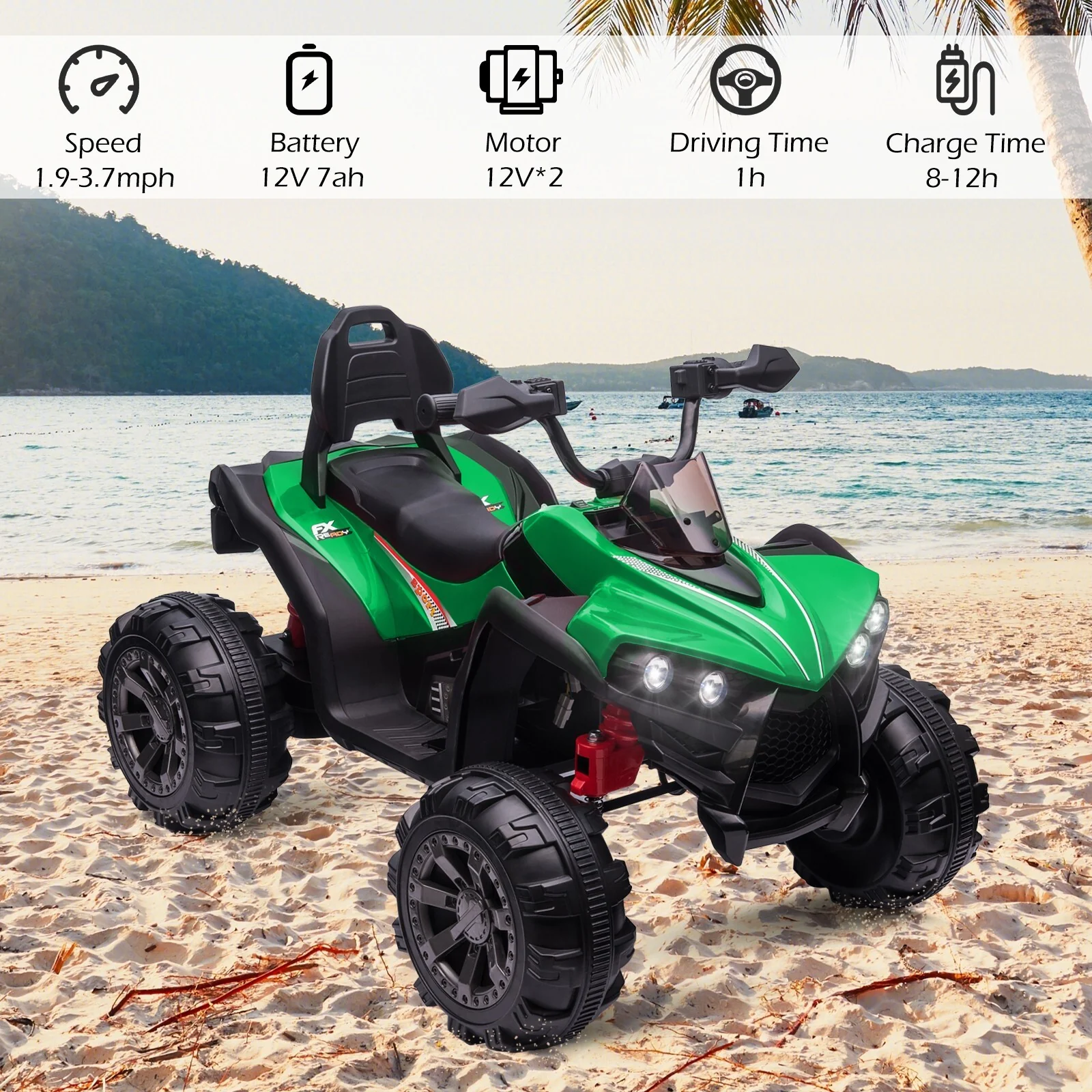 12V Kids Electric Ride-On Off-Road ATV Quad Car Toy with 2 Speeds and LED Lights Green - Image 3