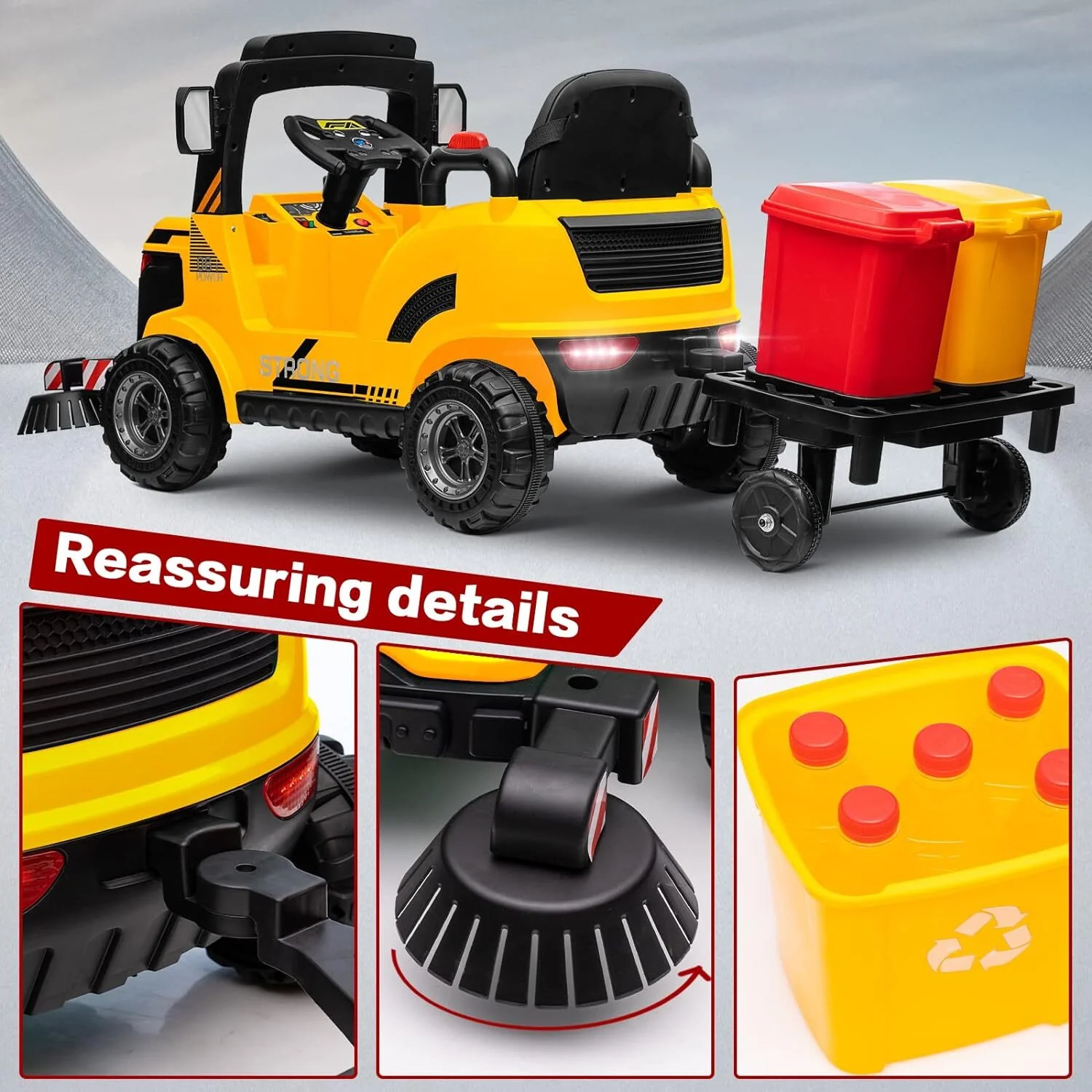 12V Kids Ride-On Construction Sweeper Truck with Trailer and Rubbish Bin Toy Car - Image 15