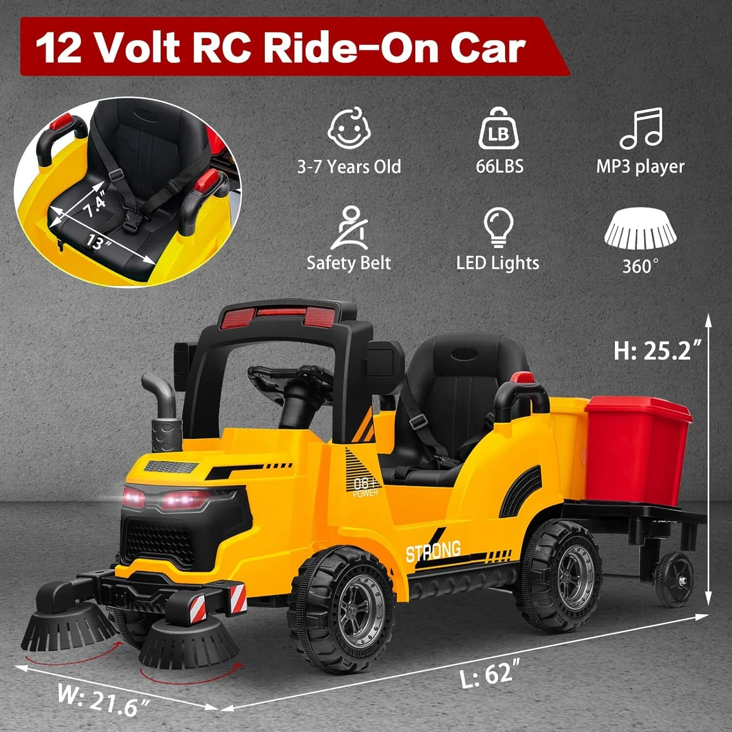 12V Kids Ride-On Construction Sweeper Truck with Trailer and Rubbish Bin Toy Car - Image 16
