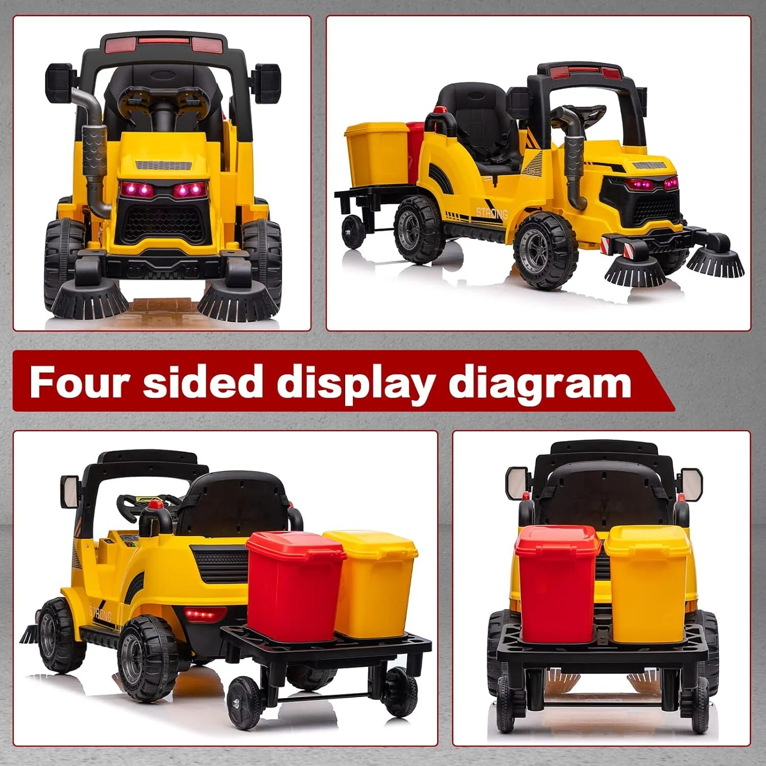 12V Kids Ride-On Construction Sweeper Truck with Trailer and Rubbish Bin Toy Car - Image 18