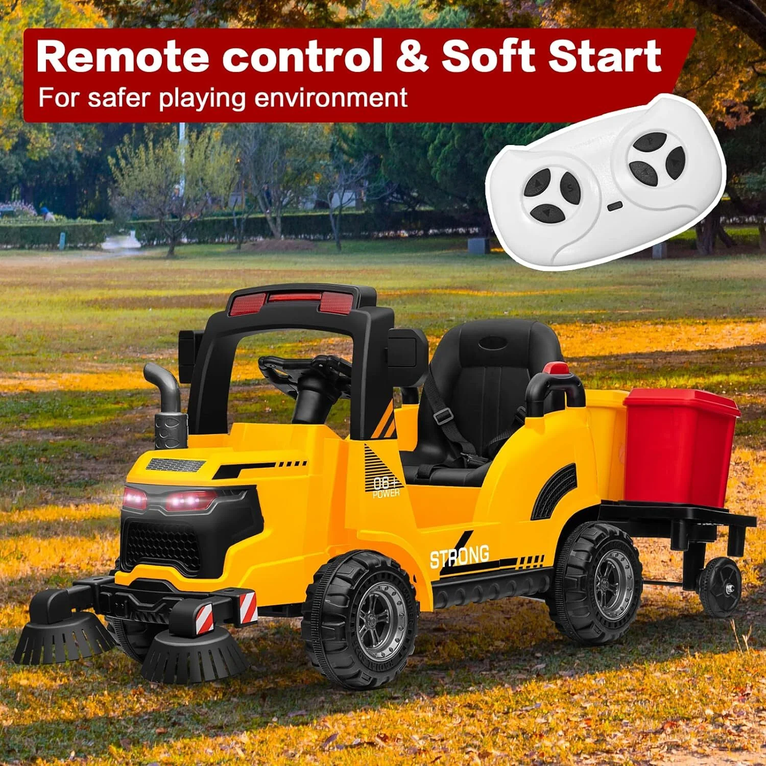 12V Kids Ride-On Construction Sweeper Truck with Trailer and Rubbish Bin Toy Car - Image 19