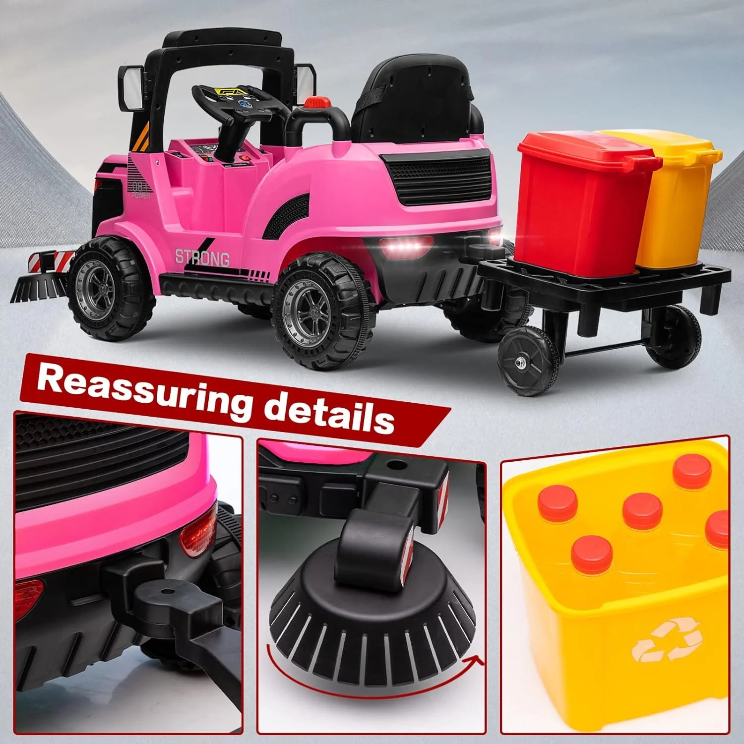 12V Kids Ride-On Construction Sweeper Truck with Trailer and Rubbish Bin Toy Car - Image 2
