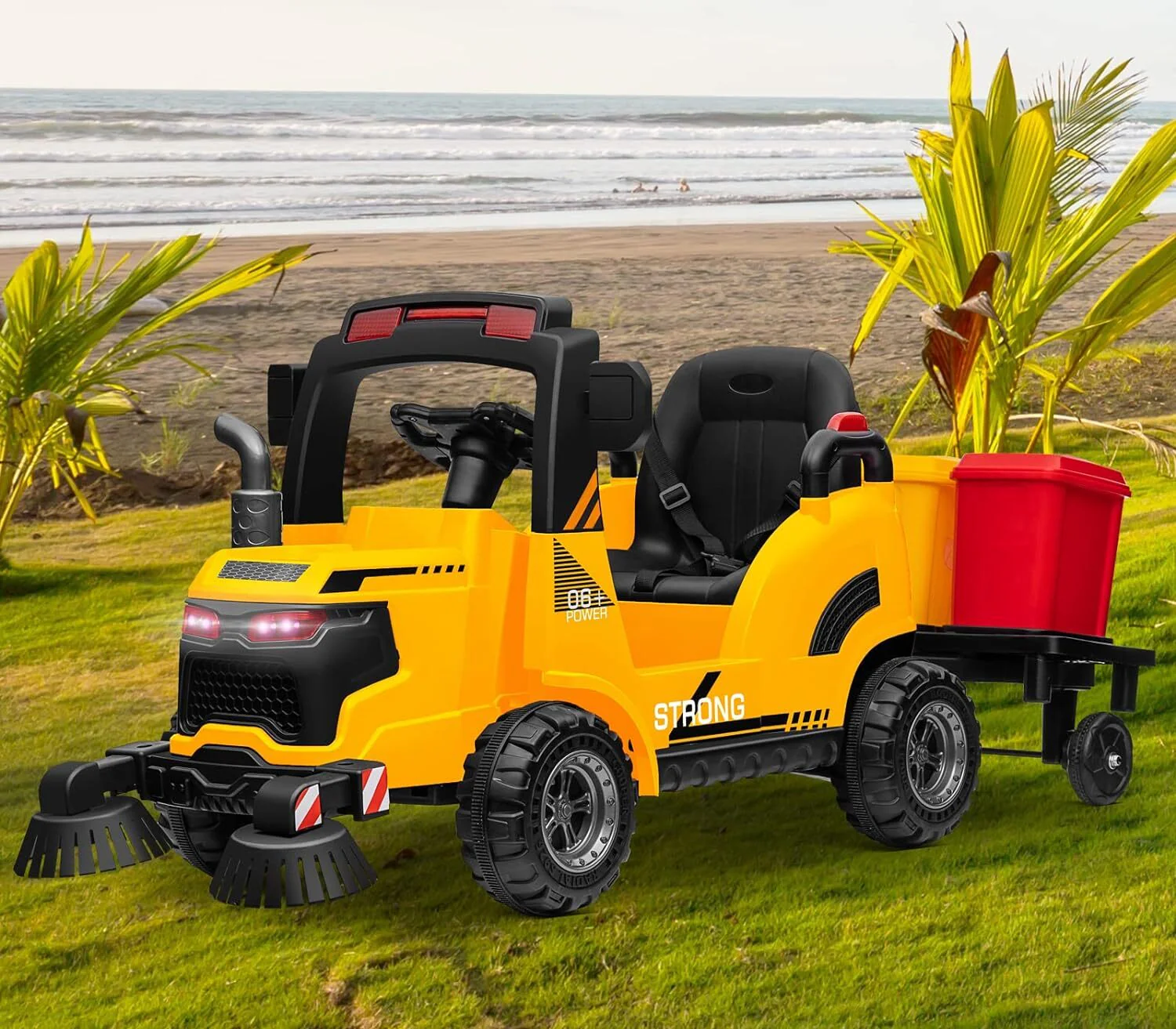 12V Kids Ride-On Construction Sweeper Truck with Trailer and Rubbish Bin Toy Car - Image 20