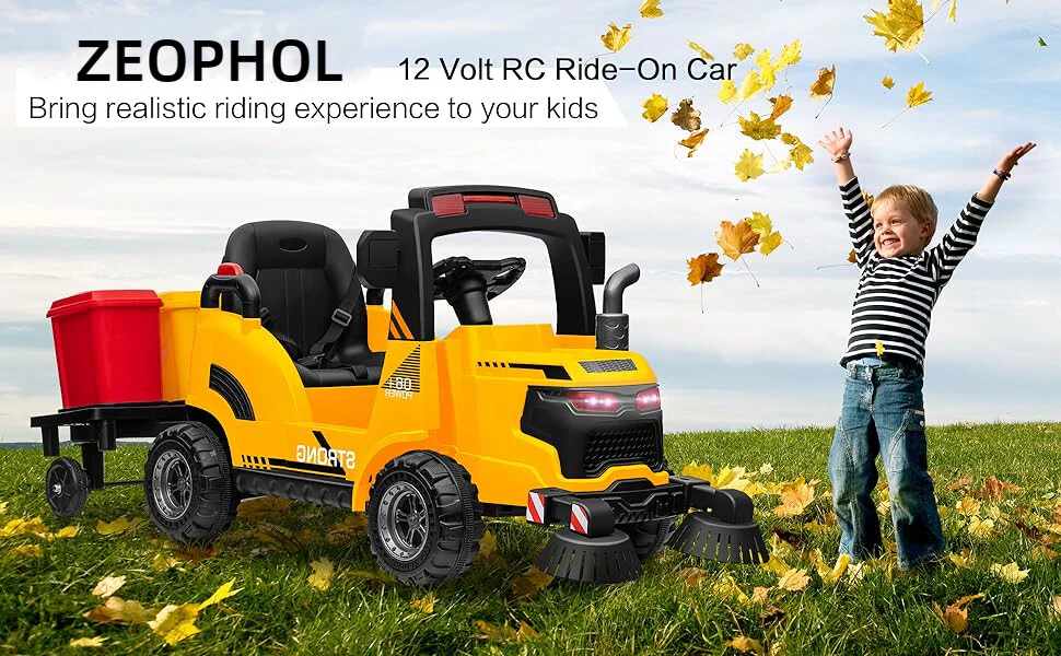 12V Kids Ride-On Construction Sweeper Truck with Trailer and Rubbish Bin Toy Car - Image 21