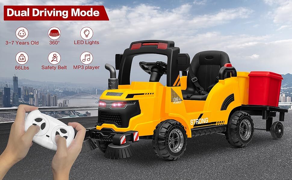 12V Kids Ride-On Construction Sweeper Truck with Trailer and Rubbish Bin Toy Car - Image 22