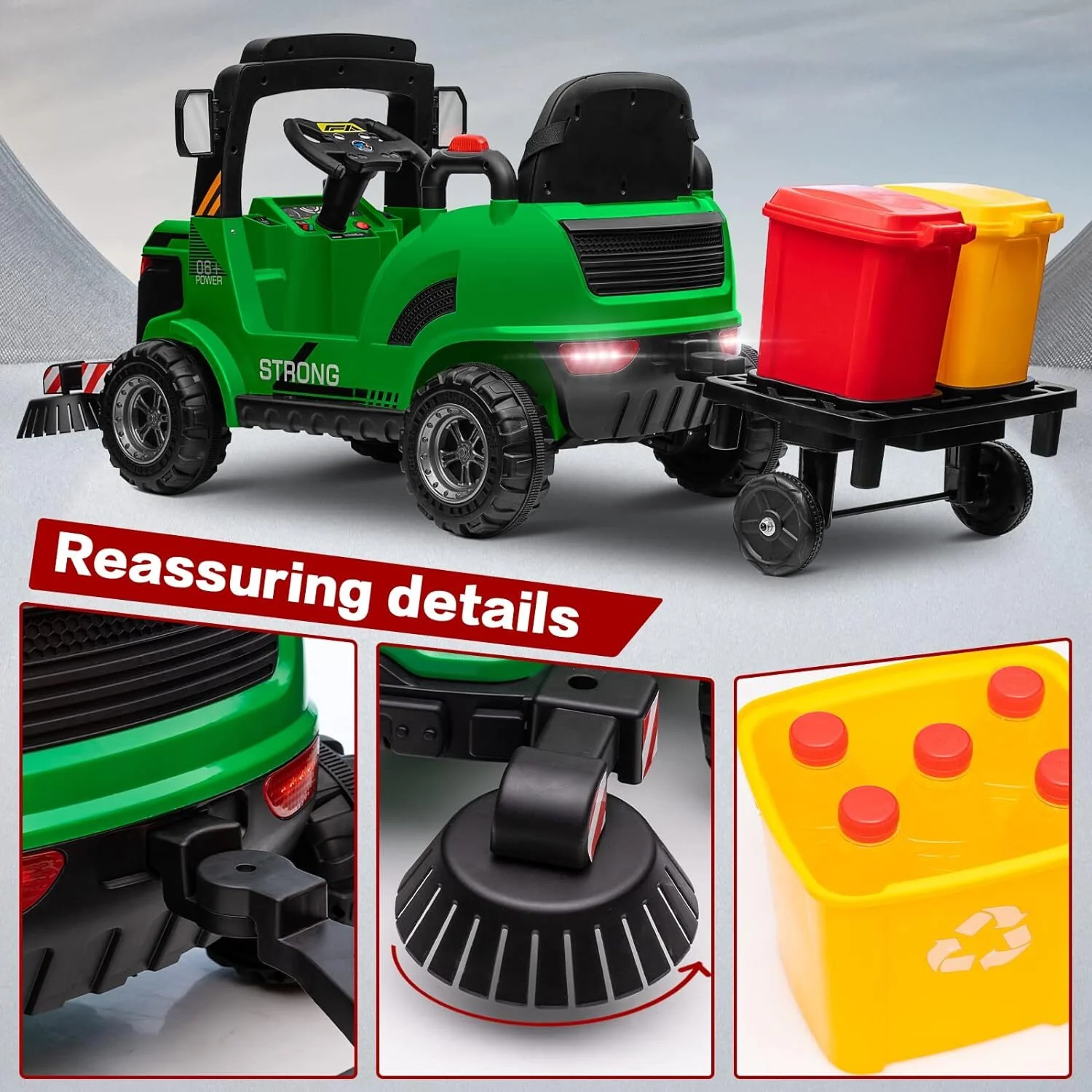 12V Kids Ride-On Construction Sweeper Truck with Trailer and Rubbish Bin Toy Car - Image 26