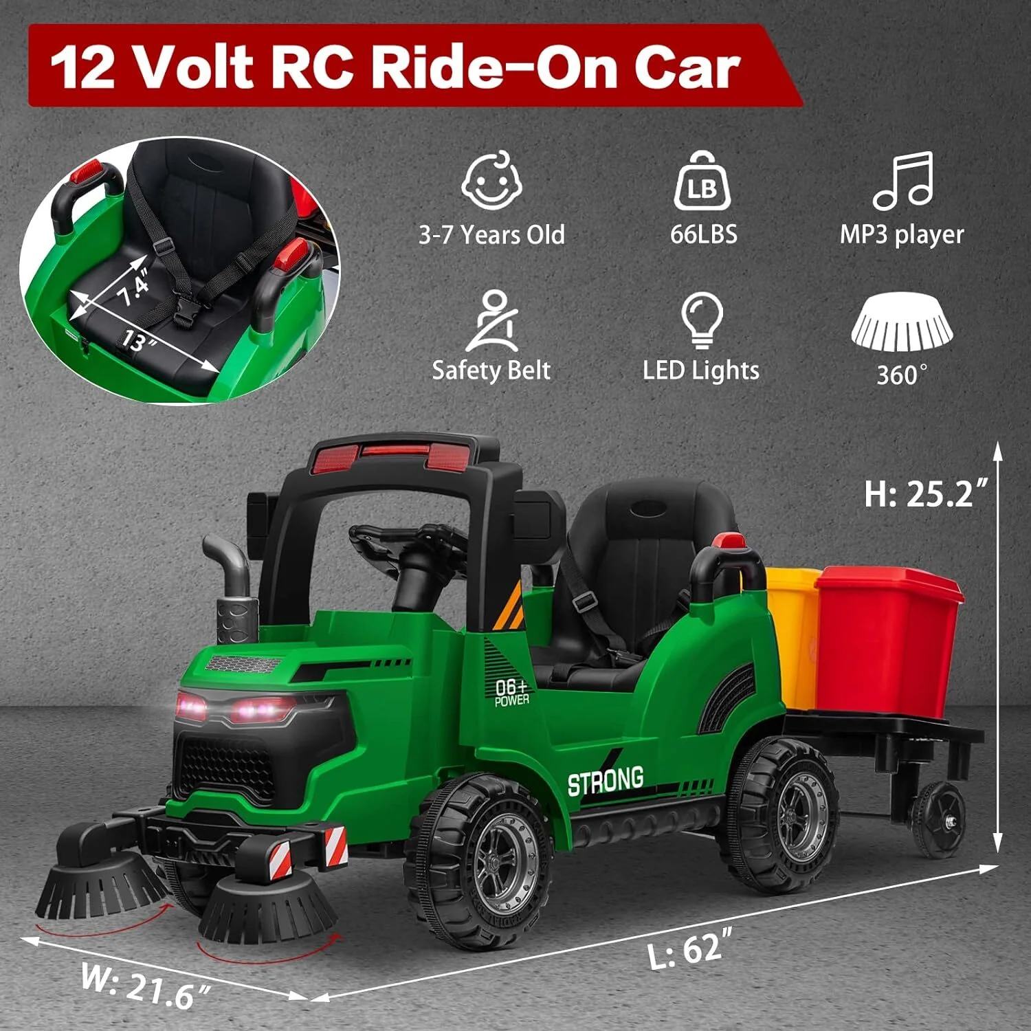 12V Kids Ride-On Construction Sweeper Truck with Trailer and Rubbish Bin Toy Car - Image 27